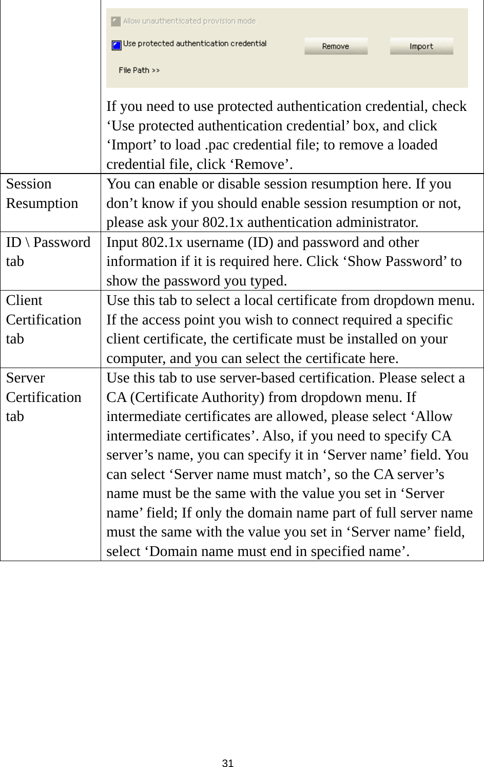  31  If you need to use protected authentication credential, check ‘Use protected authentication credential’ box, and click ‘Import’ to load .pac credential file; to remove a loaded credential file, click ‘Remove’. Session Resumption You can enable or disable session resumption here. If you don’t know if you should enable session resumption or not, please ask your 802.1x authentication administrator. ID \ Password tab Input 802.1x username (ID) and password and other information if it is required here. Click ‘Show Password’ to show the password you typed. Client Certification tab Use this tab to select a local certificate from dropdown menu. If the access point you wish to connect required a specific client certificate, the certificate must be installed on your computer, and you can select the certificate here. Server Certification tab Use this tab to use server-based certification. Please select a CA (Certificate Authority) from dropdown menu. If intermediate certificates are allowed, please select ‘Allow intermediate certificates’. Also, if you need to specify CA server’s name, you can specify it in ‘Server name’ field. You can select ‘Server name must match’, so the CA server’s name must be the same with the value you set in ‘Server name’ field; If only the domain name part of full server name must the same with the value you set in ‘Server name’ field, select ‘Domain name must end in specified name’.          