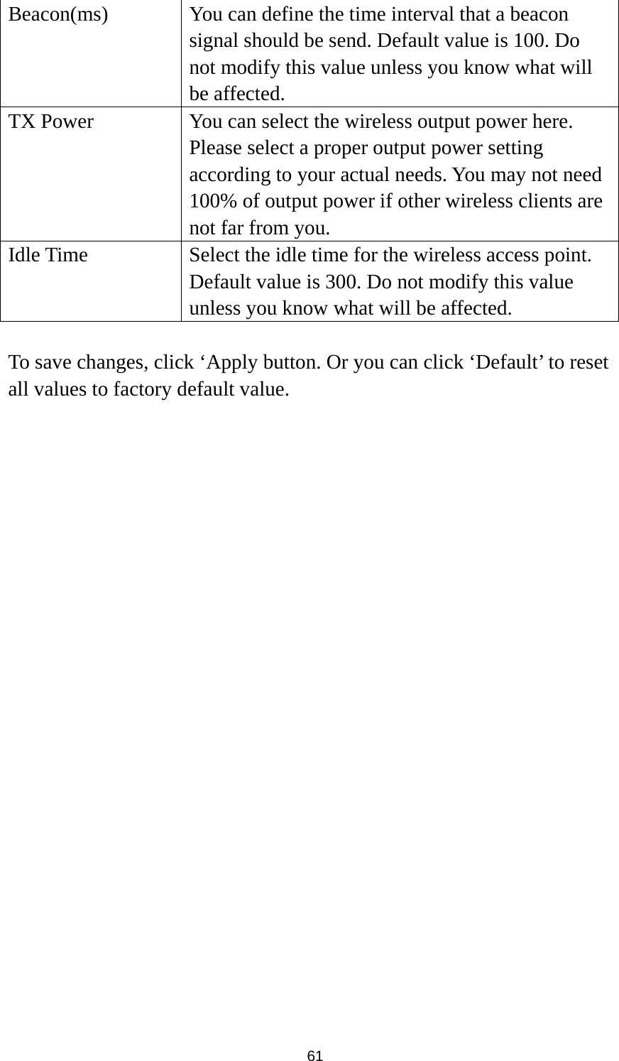  61 Beacon(ms)  You can define the time interval that a beacon signal should be send. Default value is 100. Do not modify this value unless you know what will be affected. TX Power  You can select the wireless output power here. Please select a proper output power setting according to your actual needs. You may not need 100% of output power if other wireless clients are not far from you. Idle Time  Select the idle time for the wireless access point. Default value is 300. Do not modify this value unless you know what will be affected.  To save changes, click ‘Apply button. Or you can click ‘Default’ to reset all values to factory default value.