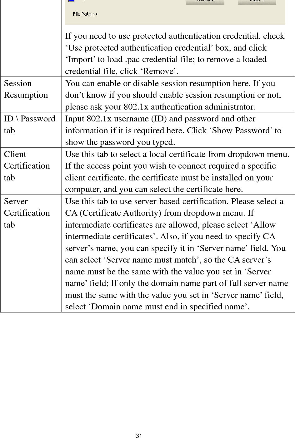  31  If you need to use protected authentication credential, check ‘Use protected authentication credential’ box, and click ‘Import’ to load .pac credential file; to remove a loaded credential file, click ‘Remove’. Session Resumption You can enable or disable session resumption here. If you don’t know if you should enable session resumption or not, please ask your 802.1x authentication administrator. ID \ Password tab Input 802.1x username (ID) and password and other information if it is required here. Click ‘Show Password’ to show the password you typed. Client Certification tab Use this tab to select a local certificate from dropdown menu. If the access point you wish to connect required a specific client certificate, the certificate must be installed on your computer, and you can select the certificate here. Server Certification tab Use this tab to use server-based certification. Please select a CA (Certificate Authority) from dropdown menu. If intermediate certificates are allowed, please select ‘Allow intermediate certificates’. Also, if you need to specify CA server’s name, you can specify it in ‘Server name’ field. You can select ‘Server name must match’, so the CA server’s name must be the same with the value you set in ‘Server name’ field; If only the domain name part of full server name must the same with the value you set in ‘Server name’ field, select ‘Domain name must end in specified name’.          