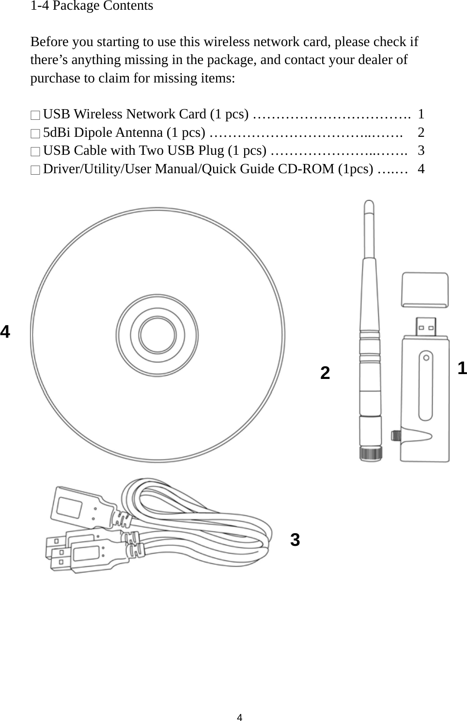  4 1-4 Package Contents  Before you starting to use this wireless network card, please check if there’s anything missing in the package, and contact your dealer of purchase to claim for missing items:  □ USB Wireless Network Card (1 pcs) …………………………….  1 □ 5dBi Dipole Antenna (1 pcs) ……………………………..…….  2 □ USB Cable with Two USB Plug (1 pcs) …………………..…….  3 □ Driver/Utility/User Manual/Quick Guide CD-ROM (1pcs) ….…  4     1 3 2 4 