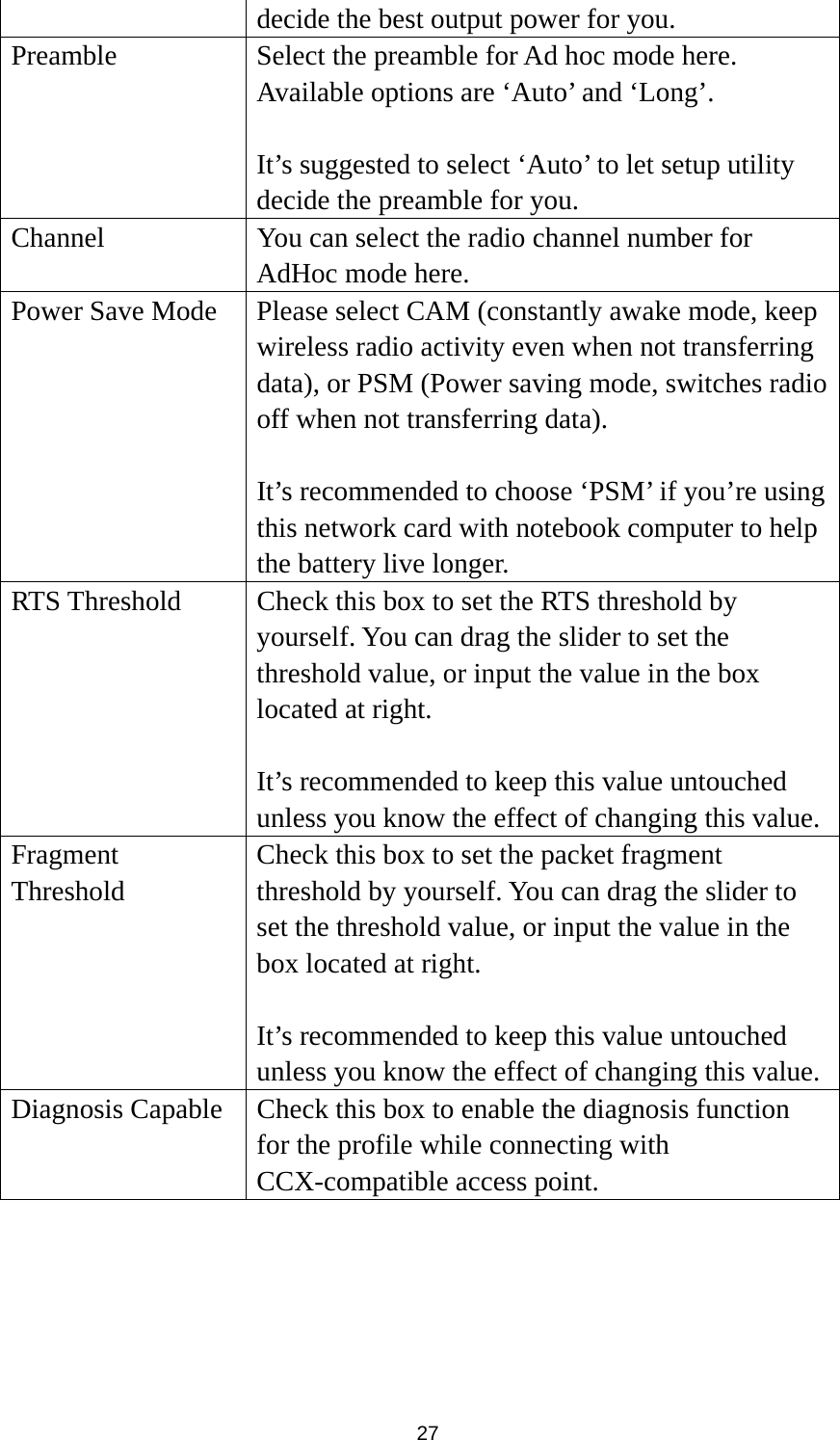  27 decide the best output power for you. Preamble  Select the preamble for Ad hoc mode here. Available options are ‘Auto’ and ‘Long’.  It’s suggested to select ‘Auto’ to let setup utility decide the preamble for you. Channel  You can select the radio channel number for AdHoc mode here. Power Save Mode  Please select CAM (constantly awake mode, keep wireless radio activity even when not transferring data), or PSM (Power saving mode, switches radio off when not transferring data).  It’s recommended to choose ‘PSM’ if you’re using this network card with notebook computer to help the battery live longer. RTS Threshold  Check this box to set the RTS threshold by yourself. You can drag the slider to set the threshold value, or input the value in the box located at right.  It’s recommended to keep this value untouched unless you know the effect of changing this value. Fragment Threshold Check this box to set the packet fragment threshold by yourself. You can drag the slider to set the threshold value, or input the value in the box located at right.  It’s recommended to keep this value untouched unless you know the effect of changing this value. Diagnosis Capable  Check this box to enable the diagnosis function for the profile while connecting with CCX-compatible access point.  