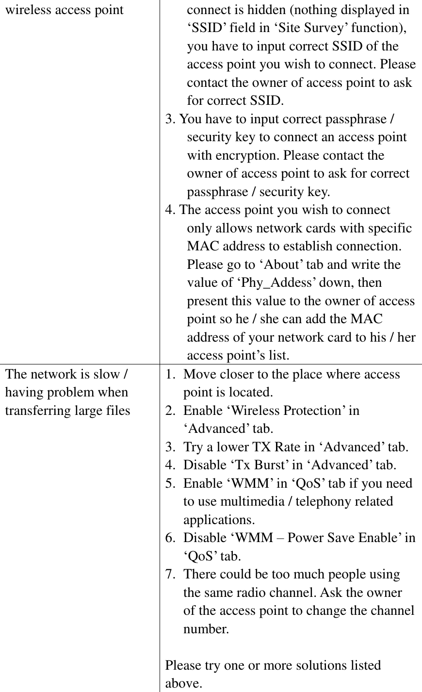 wireless access point connect is hidden (nothing displayed in ‘SSID’ field in ‘Site Survey’ function), you have to input correct SSID of the access point you wish to connect. Please contact the owner of access point to ask for correct SSID. 3. You have to input correct passphrase / security key to connect an access point with encryption. Please contact the owner of access point to ask for correct passphrase / security key. 4. The access point you wish to connect only allows network cards with specific MAC address to establish connection. Please go to ‘About’ tab and write the value of ‘Phy_Addess’ down, then present this value to the owner of access point so he / she can add the MAC address of your network card to his / her access point’s list. The network is slow / having problem when transferring large files 1. Move closer to the place where access point is located. 2. Enable ‘Wireless Protection’ in ‘Advanced’ tab. 3. Try a lower TX Rate in ‘Advanced’ tab. 4. Disable ‘Tx Burst’ in ‘Advanced’ tab. 5. Enable ‘WMM’ in ‘QoS’ tab if you need to use multimedia / telephony related applications. 6. Disable ‘WMM – Power Save Enable’ in ‘QoS’ tab. 7. There could be too much people using the same radio channel. Ask the owner of the access point to change the channel number.  Please try one or more solutions listed above. 