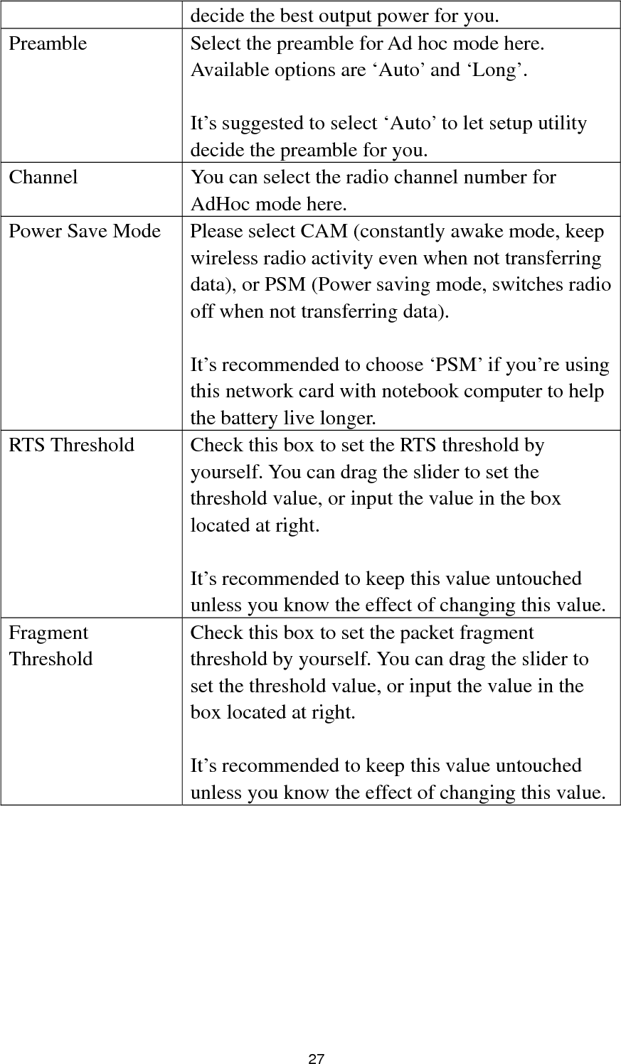  27 decide the best output power for you. Preamble  Select the preamble for Ad hoc mode here. Available options are ‘Auto’ and ‘Long’.  It’s suggested to select ‘Auto’ to let setup utility decide the preamble for you. Channel  You can select the radio channel number for AdHoc mode here. Power Save Mode  Please select CAM (constantly awake mode, keep wireless radio activity even when not transferring data), or PSM (Power saving mode, switches radio off when not transferring data).  It’s recommended to choose ‘PSM’ if you’re using this network card with notebook computer to help the battery live longer. RTS Threshold  Check this box to set the RTS threshold by yourself. You can drag the slider to set the threshold value, or input the value in the box located at right.  It’s recommended to keep this value untouched unless you know the effect of changing this value. Fragment Threshold Check this box to set the packet fragment threshold by yourself. You can drag the slider to set the threshold value, or input the value in the box located at right.  It’s recommended to keep this value untouched unless you know the effect of changing this value.  