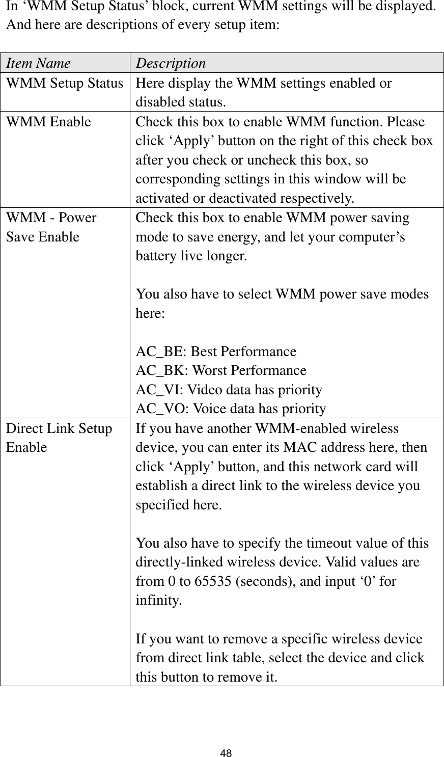  48 In ‘WMM Setup Status’ block, current WMM settings will be displayed. And here are descriptions of every setup item:  Item Name  Description WMM Setup Status  Here display the WMM settings enabled or disabled status. WMM Enable  Check this box to enable WMM function. Please click ‘Apply’ button on the right of this check box after you check or uncheck this box, so corresponding settings in this window will be activated or deactivated respectively. WMM - Power Save Enable Check this box to enable WMM power saving mode to save energy, and let your computer’s battery live longer.    You also have to select WMM power save modes here:  AC_BE: Best Performance AC_BK: Worst Performance AC_VI: Video data has priority AC_VO: Voice data has priority Direct Link Setup Enable If you have another WMM-enabled wireless device, you can enter its MAC address here, then click ‘Apply’ button, and this network card will establish a direct link to the wireless device you specified here.  You also have to specify the timeout value of this directly-linked wireless device. Valid values are from 0 to 65535 (seconds), and input ‘0’ for infinity.  If you want to remove a specific wireless device from direct link table, select the device and click this button to remove it. 