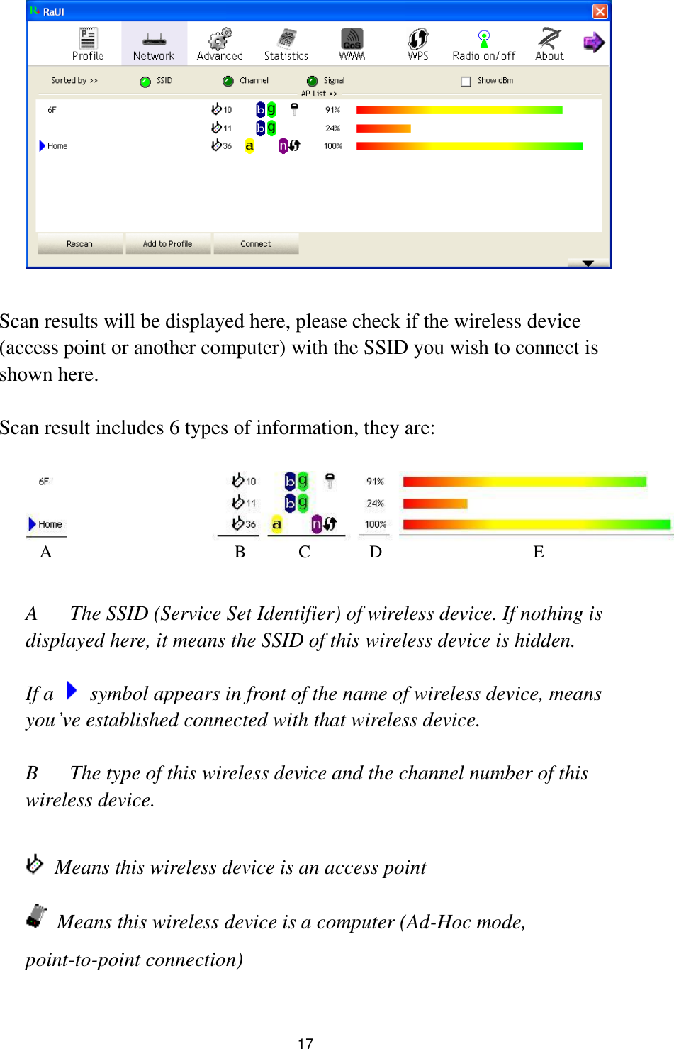  17   Scan results will be displayed here, please check if the wireless device (access point or another computer) with the SSID you wish to connect is shown here.  Scan result includes 6 types of information, they are:     A  The SSID (Service Set Identifier) of wireless device. If nothing is displayed here, it means the SSID of this wireless device is hidden.  If a    symbol appears in front of the name of wireless device, means you’ve established connected with that wireless device.  B  The type of this wireless device and the channel number of this wireless device.      Means this wireless device is an access point  Means this wireless device is a computer (Ad-Hoc mode, point-to-point connection)  A B C D E 