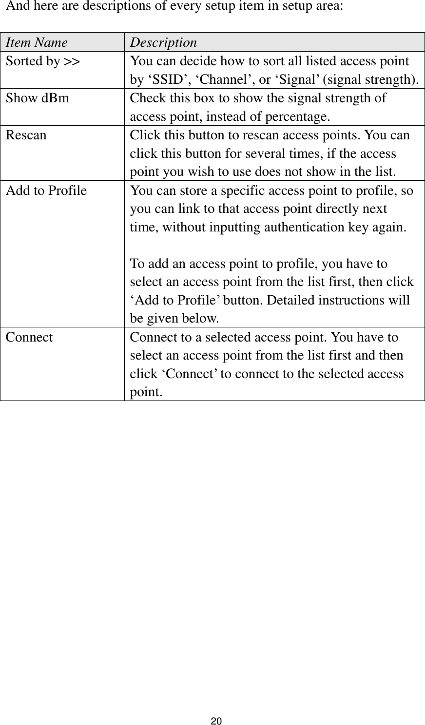  20 And here are descriptions of every setup item in setup area:  Item Name Description Sorted by &gt;&gt; You can decide how to sort all listed access point by „SSID‟, „Channel‟, or „Signal‟ (signal strength). Show dBm Check this box to show the signal strength of access point, instead of percentage. Rescan Click this button to rescan access points. You can click this button for several times, if the access point you wish to use does not show in the list. Add to Profile You can store a specific access point to profile, so you can link to that access point directly next time, without inputting authentication key again.    To add an access point to profile, you have to select an access point from the list first, then click „Add to Profile‟ button. Detailed instructions will be given below. Connect Connect to a selected access point. You have to select an access point from the list first and then click „Connect‟ to connect to the selected access point.    