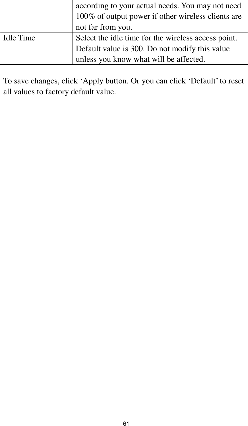  61 according to your actual needs. You may not need 100% of output power if other wireless clients are not far from you. Idle Time Select the idle time for the wireless access point. Default value is 300. Do not modify this value unless you know what will be affected.  To save changes, click „Apply button. Or you can click „Default‟ to reset all values to factory default value.