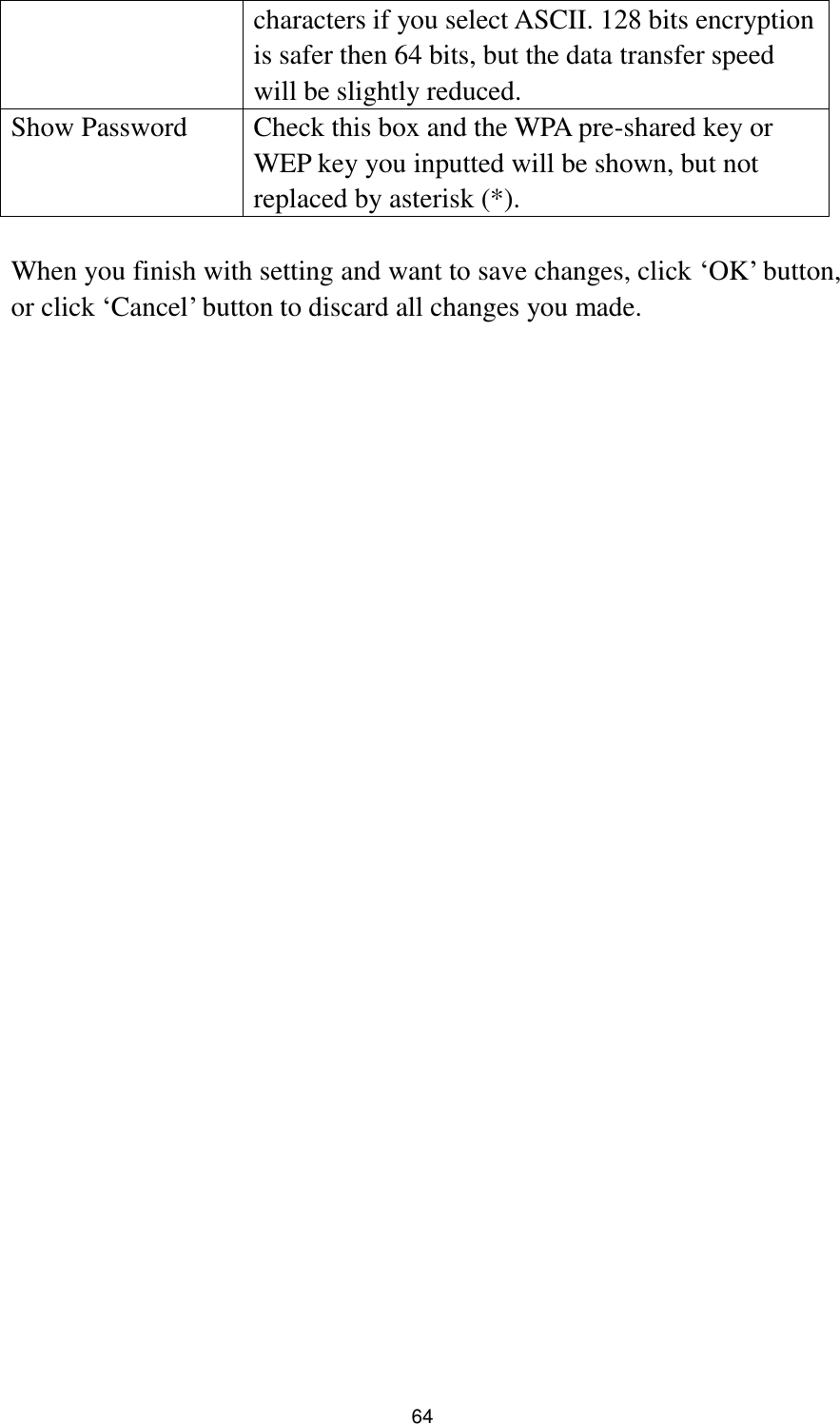  64 characters if you select ASCII. 128 bits encryption is safer then 64 bits, but the data transfer speed will be slightly reduced. Show Password   Check this box and the WPA pre-shared key or WEP key you inputted will be shown, but not replaced by asterisk (*).  When you finish with setting and want to save changes, click „OK‟ button, or click „Cancel‟ button to discard all changes you made. 