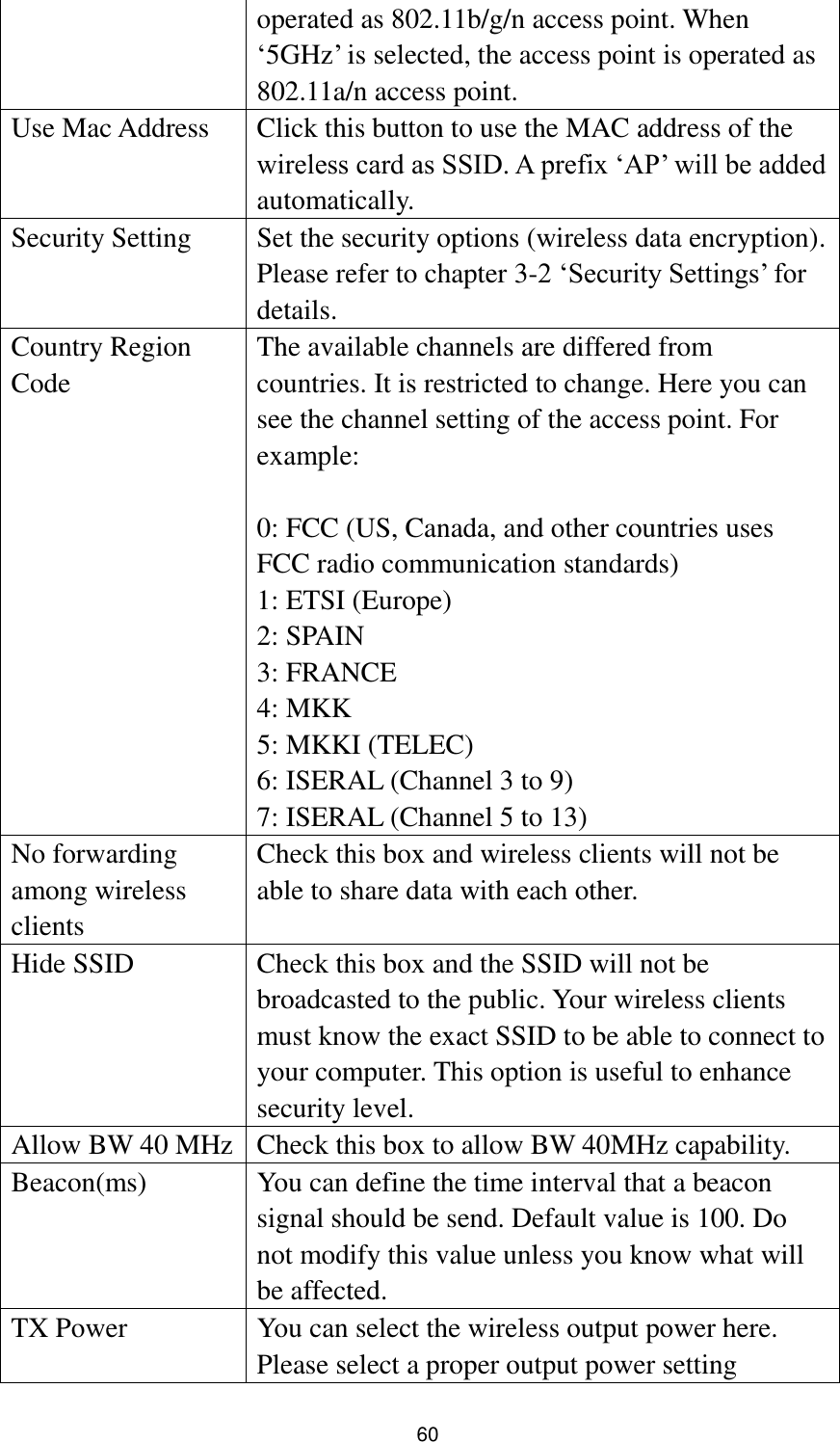  60 operated as 802.11b/g/n access point. When „5GHz‟ is selected, the access point is operated as 802.11a/n access point. Use Mac Address Click this button to use the MAC address of the wireless card as SSID. A prefix „AP‟ will be added automatically. Security Setting Set the security options (wireless data encryption). Please refer to chapter 3-2 „Security Settings‟ for details. Country Region Code The available channels are differed from countries. It is restricted to change. Here you can see the channel setting of the access point. For example:  0: FCC (US, Canada, and other countries uses FCC radio communication standards) 1: ETSI (Europe) 2: SPAIN 3: FRANCE 4: MKK 5: MKKI (TELEC) 6: ISERAL (Channel 3 to 9) 7: ISERAL (Channel 5 to 13) No forwarding among wireless clients Check this box and wireless clients will not be able to share data with each other. Hide SSID Check this box and the SSID will not be broadcasted to the public. Your wireless clients must know the exact SSID to be able to connect to your computer. This option is useful to enhance security level. Allow BW 40 MHz Check this box to allow BW 40MHz capability. Beacon(ms) You can define the time interval that a beacon signal should be send. Default value is 100. Do not modify this value unless you know what will be affected. TX Power You can select the wireless output power here. Please select a proper output power setting 