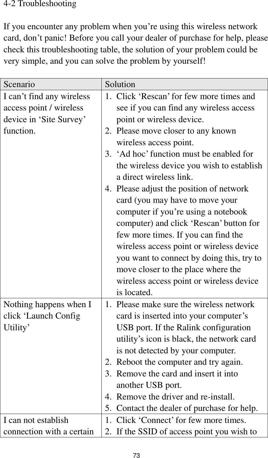  73 4-2 Troubleshooting  If you encounter any problem when you‟re using this wireless network card, don‟t panic! Before you call your dealer of purchase for help, please check this troubleshooting table, the solution of your problem could be very simple, and you can solve the problem by yourself!  Scenario Solution I can‟t find any wireless access point / wireless device in „Site Survey‟ function. 1. Click „Rescan‟ for few more times and see if you can find any wireless access point or wireless device. 2. Please move closer to any known wireless access point. 3. „Ad hoc‟ function must be enabled for the wireless device you wish to establish a direct wireless link. 4. Please adjust the position of network card (you may have to move your computer if you‟re using a notebook computer) and click „Rescan‟ button for few more times. If you can find the wireless access point or wireless device you want to connect by doing this, try to move closer to the place where the wireless access point or wireless device is located. Nothing happens when I click „Launch Config Utility‟ 1. Please make sure the wireless network card is inserted into your computer‟s USB port. If the Ralink configuration utility‟s icon is black, the network card is not detected by your computer. 2. Reboot the computer and try again. 3. Remove the card and insert it into another USB port. 4. Remove the driver and re-install. 5. Contact the dealer of purchase for help. I can not establish connection with a certain 1. Click „Connect‟ for few more times. 2. If the SSID of access point you wish to 