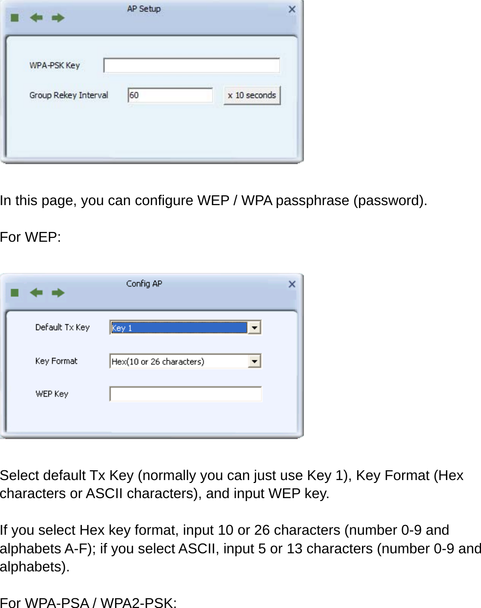   In this page, you can configure WEP / WPA passphrase (password).    For WEP:    Select default Tx Key (normally you can just use Key 1), Key Format (Hex characters or ASCII characters), and input WEP key.  If you select Hex key format, input 10 or 26 characters (number 0-9 and alphabets A-F); if you select ASCII, input 5 or 13 characters (number 0-9 and alphabets).  For WPA-PSA / WPA2-PSK:  