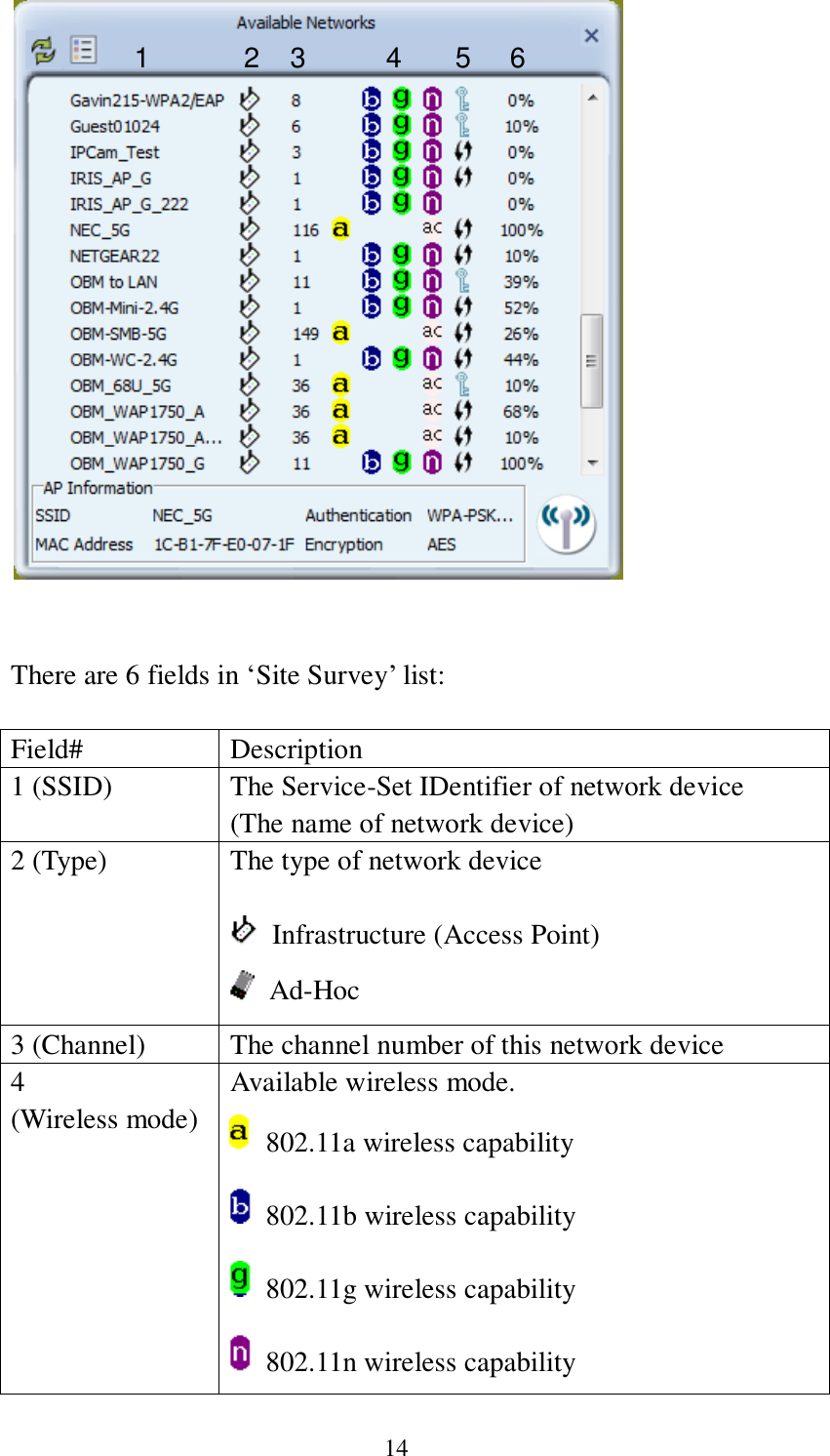 14      There are 6 fields in ‘Site Survey’ list:  Field# Description 1 (SSID) The Service-Set IDentifier of network device (The name of network device) 2 (Type) The type of network device    Infrastructure (Access Point)  Ad-Hoc 3 (Channel) The channel number of this network device 4 (Wireless mode) Available wireless mode.   802.11a wireless capability   802.11b wireless capability   802.11g wireless capability   802.11n wireless capability   2 3 4 5 6 1 2 3 4 5 6 