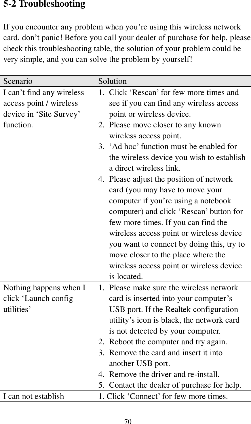 70 5-2 Troubleshooting If you encounter any problem when you’re using this wireless network card, don’t panic! Before you call your dealer of purchase for help, please check this troubleshooting table, the solution of your problem could be very simple, and you can solve the problem by yourself!  Scenario Solution I can’t find any wireless access point / wireless device in ‘Site Survey’ function. 1. Click ‘Rescan’ for few more times and see if you can find any wireless access point or wireless device. 2. Please move closer to any known wireless access point. 3. ‘Ad hoc’ function must be enabled for the wireless device you wish to establish a direct wireless link. 4. Please adjust the position of network card (you may have to move your computer if you’re using a notebook computer) and click ‘Rescan’ button for few more times. If you can find the wireless access point or wireless device you want to connect by doing this, try to move closer to the place where the wireless access point or wireless device is located. Nothing happens when I click ‘Launch config utilities’ 1. Please make sure the wireless network card is inserted into your computer’s USB port. If the Realtek configuration utility’s icon is black, the network card is not detected by your computer. 2. Reboot the computer and try again. 3. Remove the card and insert it into another USB port. 4. Remove the driver and re-install. 5. Contact the dealer of purchase for help. I can not establish 1. Click ‘Connect’ for few more times. 