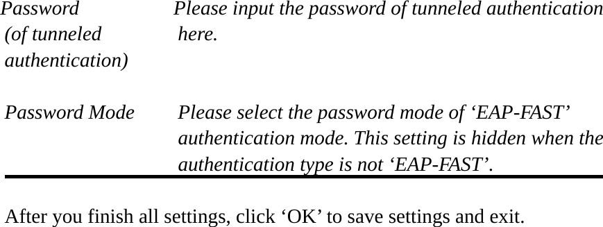 Password  Please input the password of tunneled authentication (of tunneled  here. authentication)  Password Mode  Please select the password mode of ‘EAP-FAST’ authentication mode. This setting is hidden when the authentication type is not ‘EAP-FAST’.  After you finish all settings, click ‘OK’ to save settings and exit.  