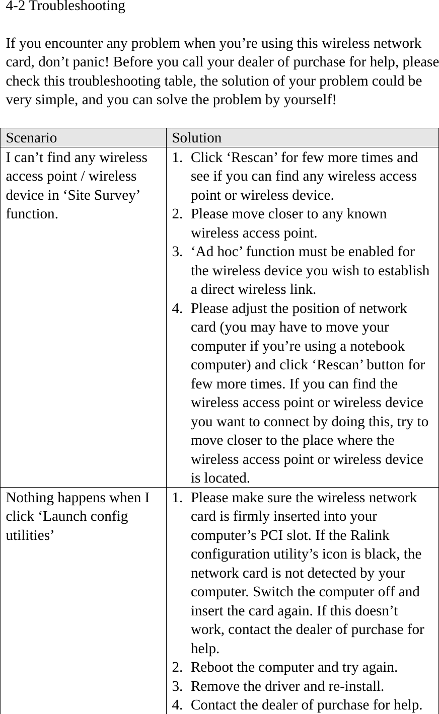 4-2 Troubleshooting  If you encounter any problem when you’re using this wireless network card, don’t panic! Before you call your dealer of purchase for help, please check this troubleshooting table, the solution of your problem could be very simple, and you can solve the problem by yourself!  Scenario  Solution I can’t find any wireless access point / wireless device in ‘Site Survey’ function. 1. Click ‘Rescan’ for few more times and see if you can find any wireless access point or wireless device. 2. Please move closer to any known wireless access point. 3. ‘Ad hoc’ function must be enabled for the wireless device you wish to establish a direct wireless link. 4. Please adjust the position of network card (you may have to move your computer if you’re using a notebook computer) and click ‘Rescan’ button for few more times. If you can find the wireless access point or wireless device you want to connect by doing this, try to move closer to the place where the wireless access point or wireless device is located. Nothing happens when I click ‘Launch config utilities’ 1. Please make sure the wireless network card is firmly inserted into your computer’s PCI slot. If the Ralink configuration utility’s icon is black, the network card is not detected by your computer. Switch the computer off and insert the card again. If this doesn’t work, contact the dealer of purchase for help. 2. Reboot the computer and try again. 3. Remove the driver and re-install. 4. Contact the dealer of purchase for help. 