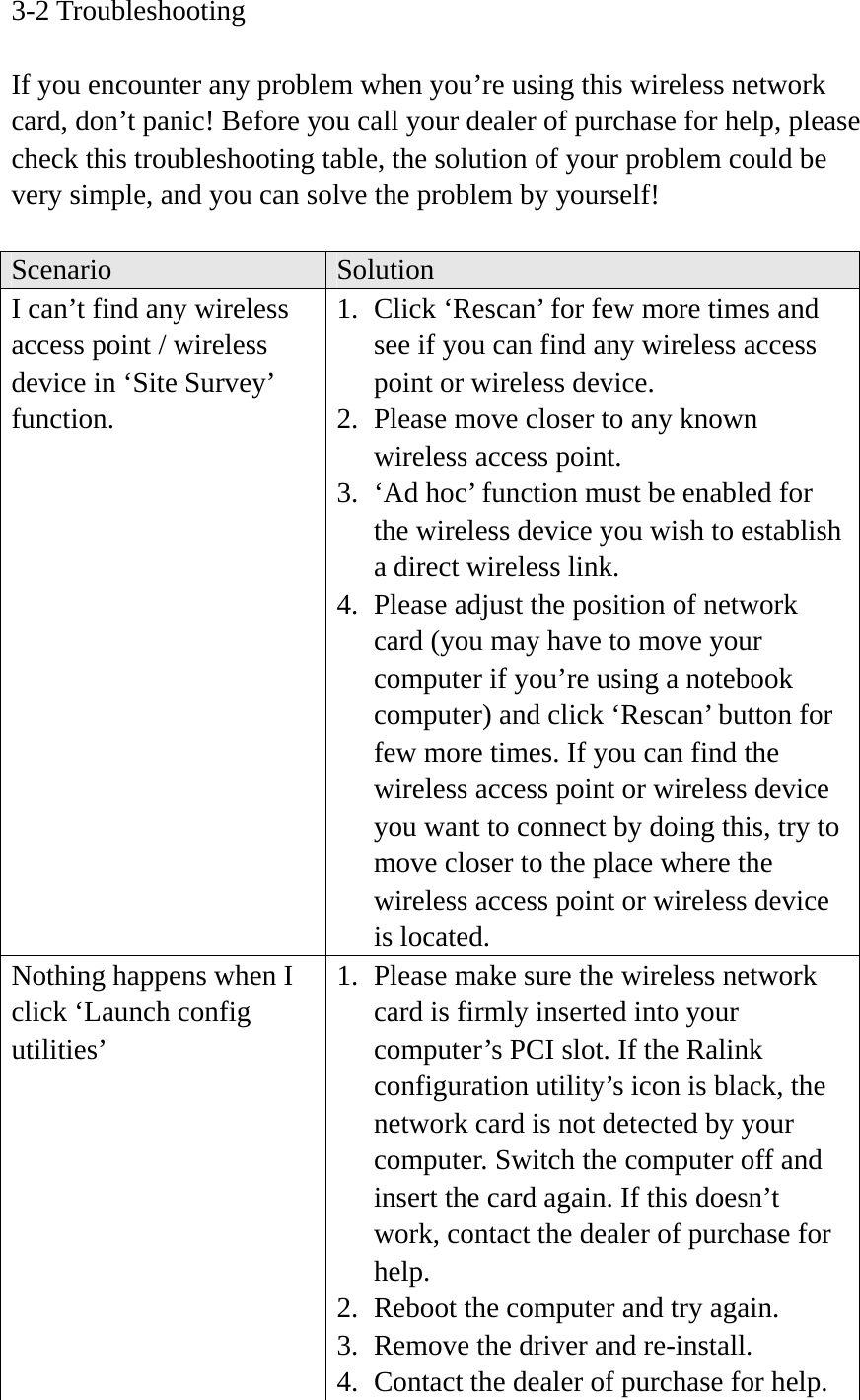 3-2 Troubleshooting  If you encounter any problem when you’re using this wireless network card, don’t panic! Before you call your dealer of purchase for help, please check this troubleshooting table, the solution of your problem could be very simple, and you can solve the problem by yourself!  Scenario  Solution I can’t find any wireless access point / wireless device in ‘Site Survey’ function. 1. Click ‘Rescan’ for few more times and see if you can find any wireless access point or wireless device. 2. Please move closer to any known wireless access point. 3. ‘Ad hoc’ function must be enabled for the wireless device you wish to establish a direct wireless link. 4. Please adjust the position of network card (you may have to move your computer if you’re using a notebook computer) and click ‘Rescan’ button for few more times. If you can find the wireless access point or wireless device you want to connect by doing this, try to move closer to the place where the wireless access point or wireless device is located. Nothing happens when I click ‘Launch config utilities’ 1. Please make sure the wireless network card is firmly inserted into your computer’s PCI slot. If the Ralink configuration utility’s icon is black, the network card is not detected by your computer. Switch the computer off and insert the card again. If this doesn’t work, contact the dealer of purchase for help. 2. Reboot the computer and try again. 3. Remove the driver and re-install. 4. Contact the dealer of purchase for help. 