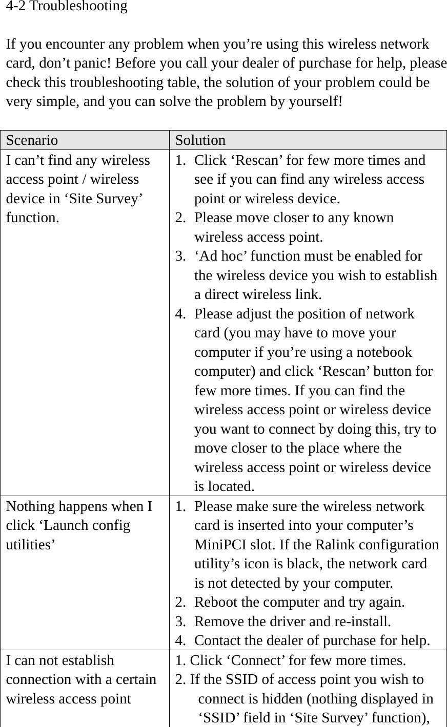 4-2 Troubleshooting  If you encounter any problem when you’re using this wireless network card, don’t panic! Before you call your dealer of purchase for help, please check this troubleshooting table, the solution of your problem could be very simple, and you can solve the problem by yourself!  Scenario  Solution I can’t find any wireless access point / wireless device in ‘Site Survey’ function. 1. Click ‘Rescan’ for few more times and see if you can find any wireless access point or wireless device. 2. Please move closer to any known wireless access point. 3. ‘Ad hoc’ function must be enabled for the wireless device you wish to establish a direct wireless link. 4. Please adjust the position of network card (you may have to move your computer if you’re using a notebook computer) and click ‘Rescan’ button for few more times. If you can find the wireless access point or wireless device you want to connect by doing this, try to move closer to the place where the wireless access point or wireless device is located. Nothing happens when I click ‘Launch config utilities’ 1. Please make sure the wireless network card is inserted into your computer’s MiniPCI slot. If the Ralink configuration utility’s icon is black, the network card is not detected by your computer. 2. Reboot the computer and try again. 3. Remove the driver and re-install. 4. Contact the dealer of purchase for help. I can not establish connection with a certain wireless access point 1. Click ‘Connect’ for few more times. 2. If the SSID of access point you wish to connect is hidden (nothing displayed in ‘SSID’ field in ‘Site Survey’ function), 