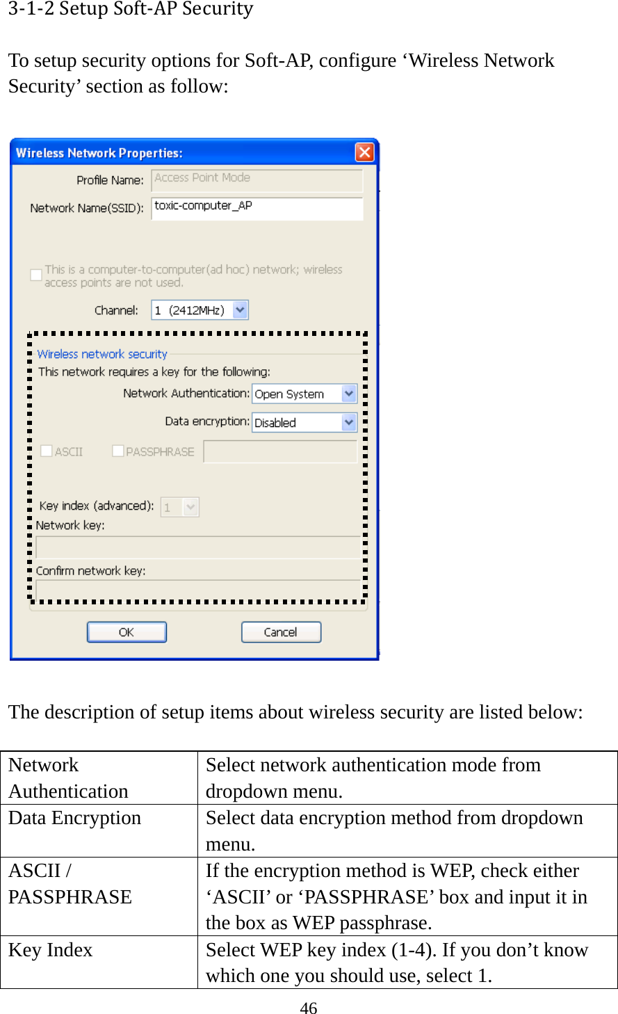 46  3‐1‐2SetupSoft‐APSecurity To setup security options for Soft-AP, configure ‘Wireless Network Security’ section as follow:    The description of setup items about wireless security are listed below:  Network Authentication Select network authentication mode from dropdown menu. Data Encryption  Select data encryption method from dropdown menu. ASCII / PASSPHRASE If the encryption method is WEP, check either ‘ASCII’ or ‘PASSPHRASE’ box and input it in the box as WEP passphrase. Key Index  Select WEP key index (1-4). If you don’t know which one you should use, select 1. 