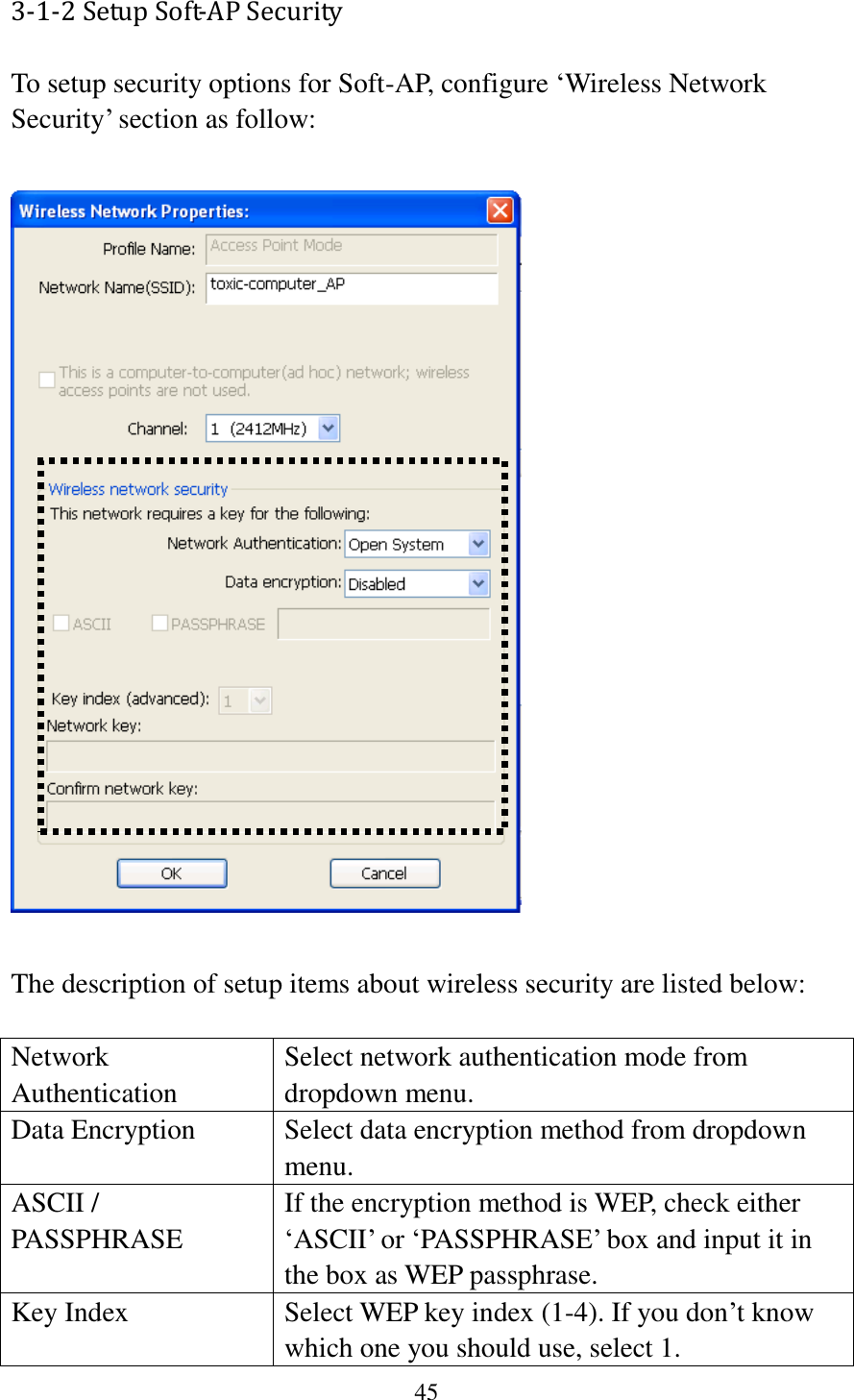 45  3-1-2 Setup Soft-AP Security  To setup security options for Soft-AP, configure ‘Wireless Network Security’ section as follow:    The description of setup items about wireless security are listed below:  Network Authentication Select network authentication mode from dropdown menu. Data Encryption Select data encryption method from dropdown menu. ASCII / PASSPHRASE If the encryption method is WEP, check either ‘ASCII’ or ‘PASSPHRASE’ box and input it in the box as WEP passphrase. Key Index Select WEP key index (1-4). If you don’t know which one you should use, select 1. 