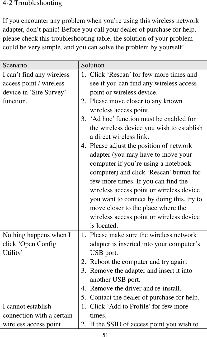 51  4-2 Troubleshooting If you encounter any problem when you’re using this wireless network adapter, don’t panic! Before you call your dealer of purchase for help, please check this troubleshooting table, the solution of your problem could be very simple, and you can solve the problem by yourself!  Scenario Solution I can’t find any wireless access point / wireless device in ‘Site Survey’ function. 1. Click ‘Rescan’ for few more times and see if you can find any wireless access point or wireless device. 2. Please move closer to any known wireless access point. 3. ‘Ad hoc’ function must be enabled for the wireless device you wish to establish a direct wireless link. 4. Please adjust the position of network adapter (you may have to move your computer if you’re using a notebook computer) and click ‘Rescan’ button for few more times. If you can find the wireless access point or wireless device you want to connect by doing this, try to move closer to the place where the wireless access point or wireless device is located. Nothing happens when I click ‘Open Config Utility’ 1. Please make sure the wireless network adapter is inserted into your computer’s USB port.   2. Reboot the computer and try again. 3. Remove the adapter and insert it into another USB port. 4. Remove the driver and re-install. 5. Contact the dealer of purchase for help. I cannot establish connection with a certain wireless access point 1. Click ‘Add to Profile’ for few more times. 2. If the SSID of access point you wish to 