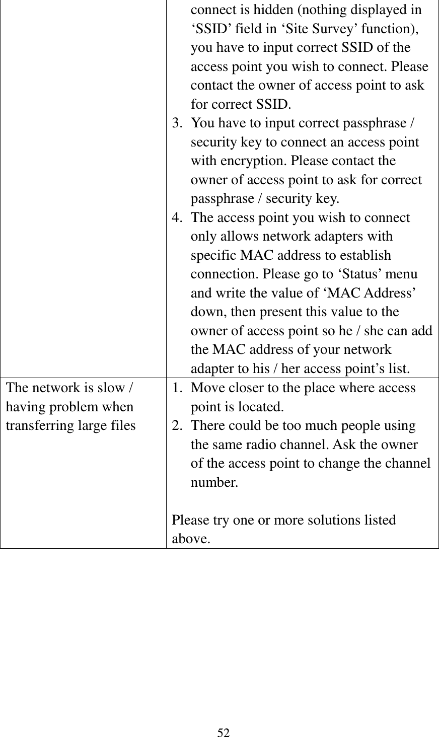 52  connect is hidden (nothing displayed in ‘SSID’ field in ‘Site Survey’ function), you have to input correct SSID of the access point you wish to connect. Please contact the owner of access point to ask for correct SSID. 3. You have to input correct passphrase / security key to connect an access point with encryption. Please contact the owner of access point to ask for correct passphrase / security key. 4. The access point you wish to connect only allows network adapters with specific MAC address to establish connection. Please go to ‘Status’ menu and write the value of ‘MAC Address’ down, then present this value to the owner of access point so he / she can add the MAC address of your network adapter to his / her access point’s list. The network is slow / having problem when transferring large files 1. Move closer to the place where access point is located. 2. There could be too much people using the same radio channel. Ask the owner of the access point to change the channel number.  Please try one or more solutions listed above.          