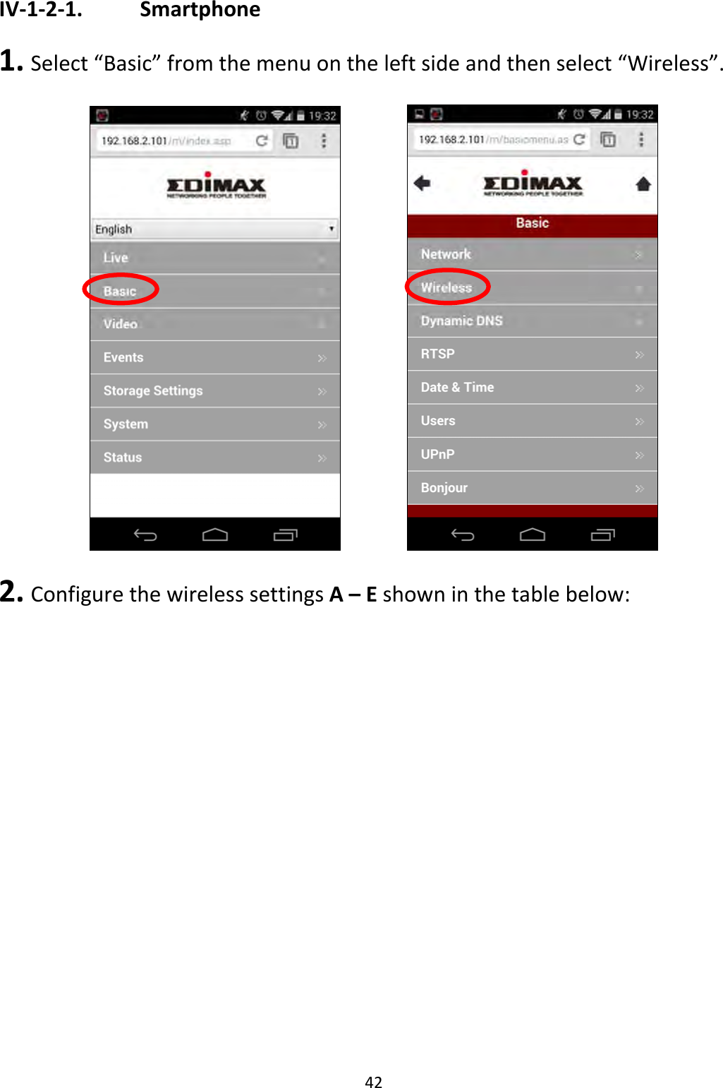 42IV‐1‐2‐1. Smartphone1. Select“Basic”fromthemenuontheleftsideandthenselect“Wireless”. 2. ConfigurethewirelesssettingsA–Eshowninthetablebelow: