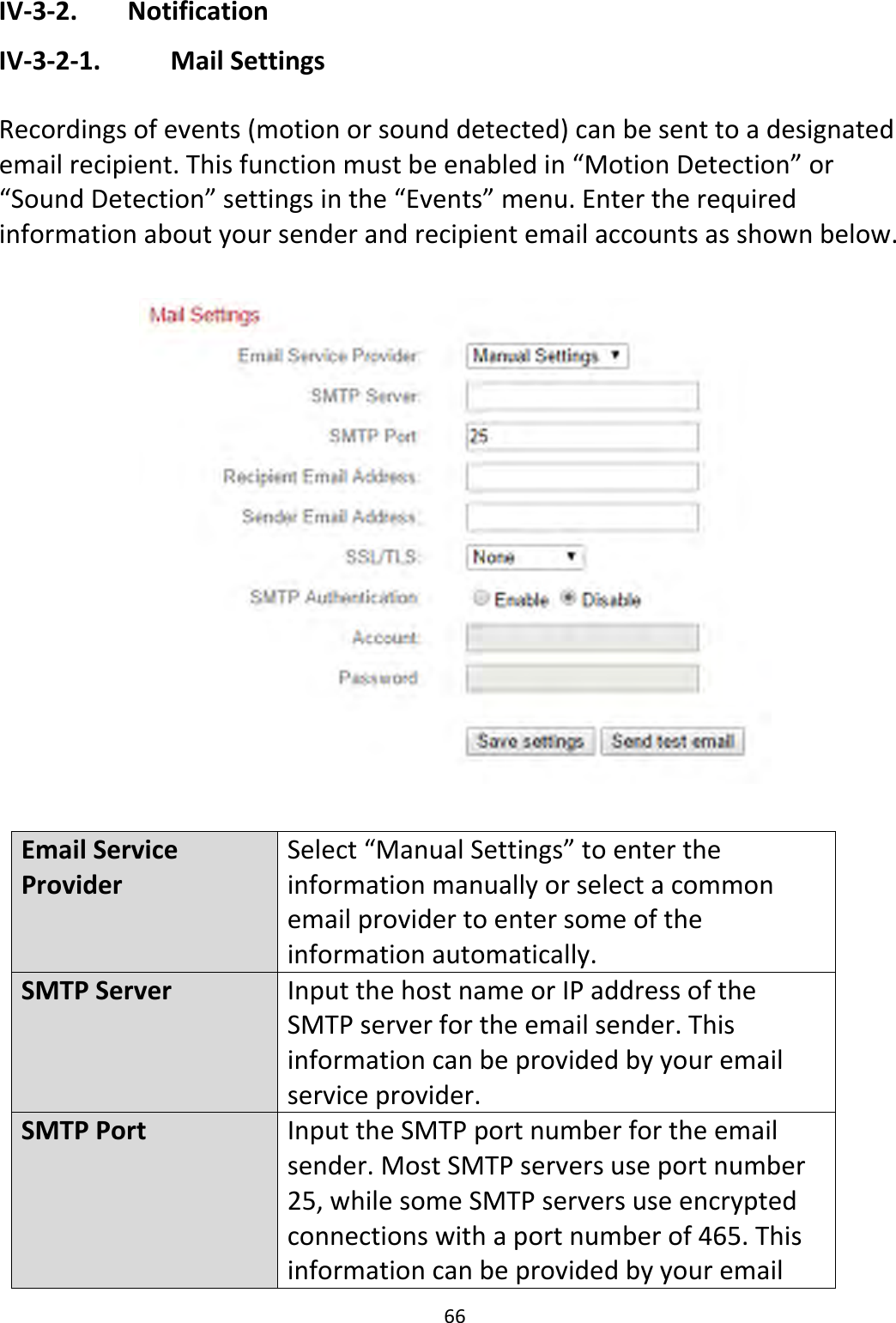 66IV‐3‐2. NotificationIV‐3‐2‐1. MailSettingsRecordingsofevents(motionorsounddetected)canbesenttoadesignatedemailrecipient.Thisfunctionmustbeenabledin“MotionDetection”or“SoundDetection”settingsinthe“Events”menu.Entertherequiredinformationaboutyoursenderandrecipientemailaccountsasshownbelow.EmailServiceProviderSelect“ManualSettings”toentertheinformationmanuallyorselectacommonemailprovidertoentersomeoftheinformationautomatically.SMTPServerInputthehostnameorIPaddressoftheSMTPserverfortheemailsender.Thisinformationcanbeprovidedbyyouremailserviceprovider.SMTPPortInputtheSMTPportnumberfortheemailsender.MostSMTPserversuseportnumber25,whilesomeSMTPserversuseencryptedconnectionswithaportnumberof465.Thisinformationcanbeprovidedbyyouremail