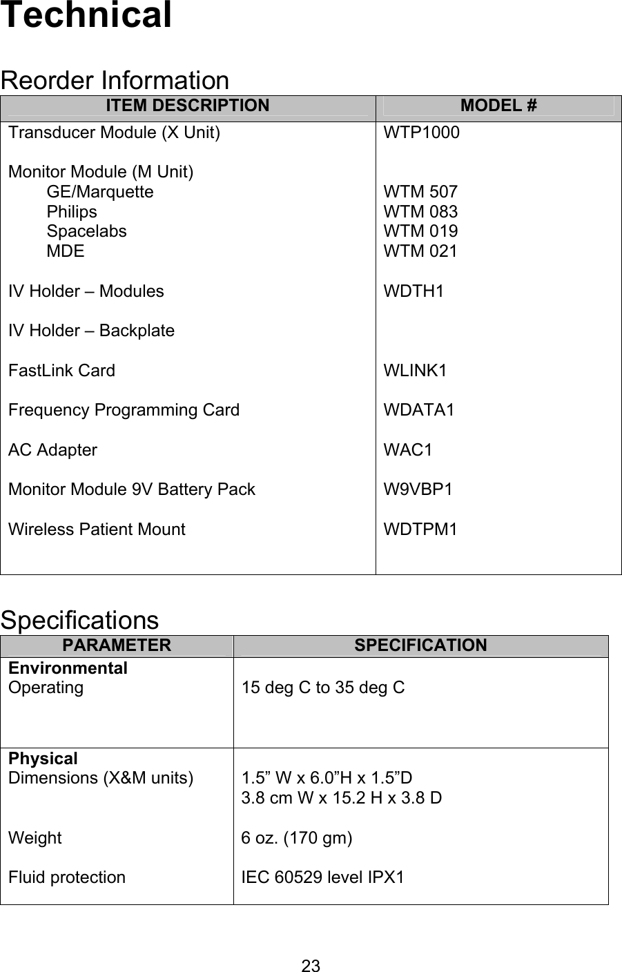  23 Technical  Reorder Information ITEM DESCRIPTION  MODEL # Transducer Module (X Unit)  Monitor Module (M Unit)         GE/Marquette         Philips         Spacelabs         MDE  IV Holder – Modules  IV Holder – Backplate  FastLink Card  Frequency Programming Card  AC Adapter  Monitor Module 9V Battery Pack  Wireless Patient Mount WTP1000   WTM 507 WTM 083 WTM 019 WTM 021  WDTH1    WLINK1  WDATA1  WAC1  W9VBP1  WDTPM1   Specifications PARAMETER  SPECIFICATION Environmental Operating    15 deg C to 35 deg C  Physical Dimensions (X&amp;M units)   Weight  Fluid protection  1.5” W x 6.0”H x 1.5”D 3.8 cm W x 15.2 H x 3.8 D  6 oz. (170 gm)  IEC 60529 level IPX1 