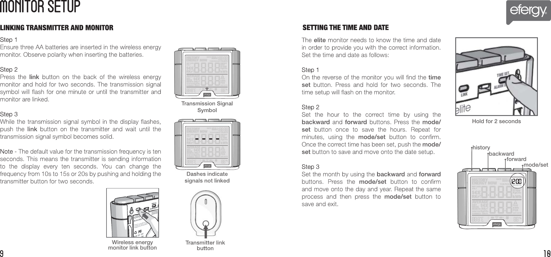 Wireless energy monitor link buttonHold for 2 secondshistorybackwardforwardmode/set