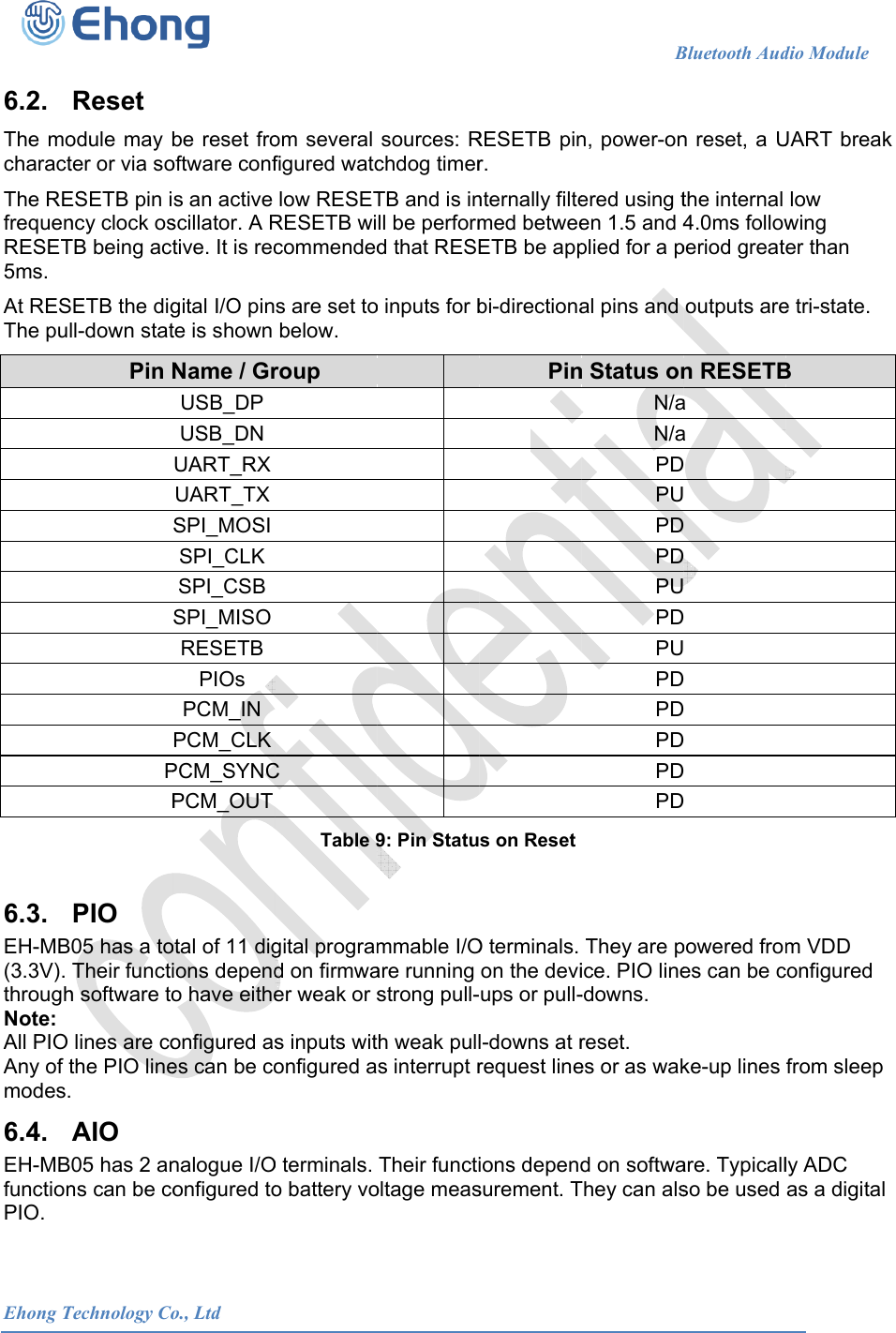  Ehong T 6.2. The mocharactThe REfrequenRESET5ms. At RESThe pul 6.3. EH-MB(3.3V). throughNote:  All PIO Any of tmodes.6.4. EH-MBfunctionPIO. Technology CoReset odule may bter or via soESETB pin incy clock osTB being actETB the digll-down stat Pin NPPPIO 05 has a toTheir functih software tolines are cothe PIO line AIO 05 has 2 anns can be co            o., Ltdbe reset frooftware confs an active scillator. A Rtive. It is recgital I/O pinte is shown Name / GrUSB_DP USB_DN UART_RX UART_TX SPI_MOSI SPI_CLK SPI_CSB SPI_MISO RESETB PIOs PCM_IN PCM_CLK PCM_SYNCPCM_OUT otal of 11 digions dependo have eitheonfigured ases can be conalogue I/Oonfigured to                      om several figured watclow RESETRESETB wicommendeds are set tobelow. roup C Table 9gital programd on firmwaer weak or ss inputs witonfigured aO terminals. o battery vo                     sources: Rchdog timerTB and is inll be performd that RESEo inputs for b9: Pin Statummable I/Oare running strong pull-h weak pulls interrupt rTheir functioltage meas                      RESETB pinr. nternally filtemed betweeETB be appbi-directionaPins on ResetO terminals. on the deviups or pull-l-downs at rrequest lineions dependsurement. T                   Bn, power-onered using ten 1.5 and 4plied for a pal pins and n Status onN/aN/aPDPUPDPDPUPDPUPDPDPDPDPDThey are pice. PIO line-downs. reset.  es or as wakd on softwaThey can alsBluetooth Audn reset, a Uthe internal 4.0ms followperiod greatoutputs aren RESETBa a             powered fromes can be cke-up lines are. Typicallso be used dio Module    UART breaklow wing er than e tri-state. B m VDD configured from sleep ly ADC as a digital                          k  