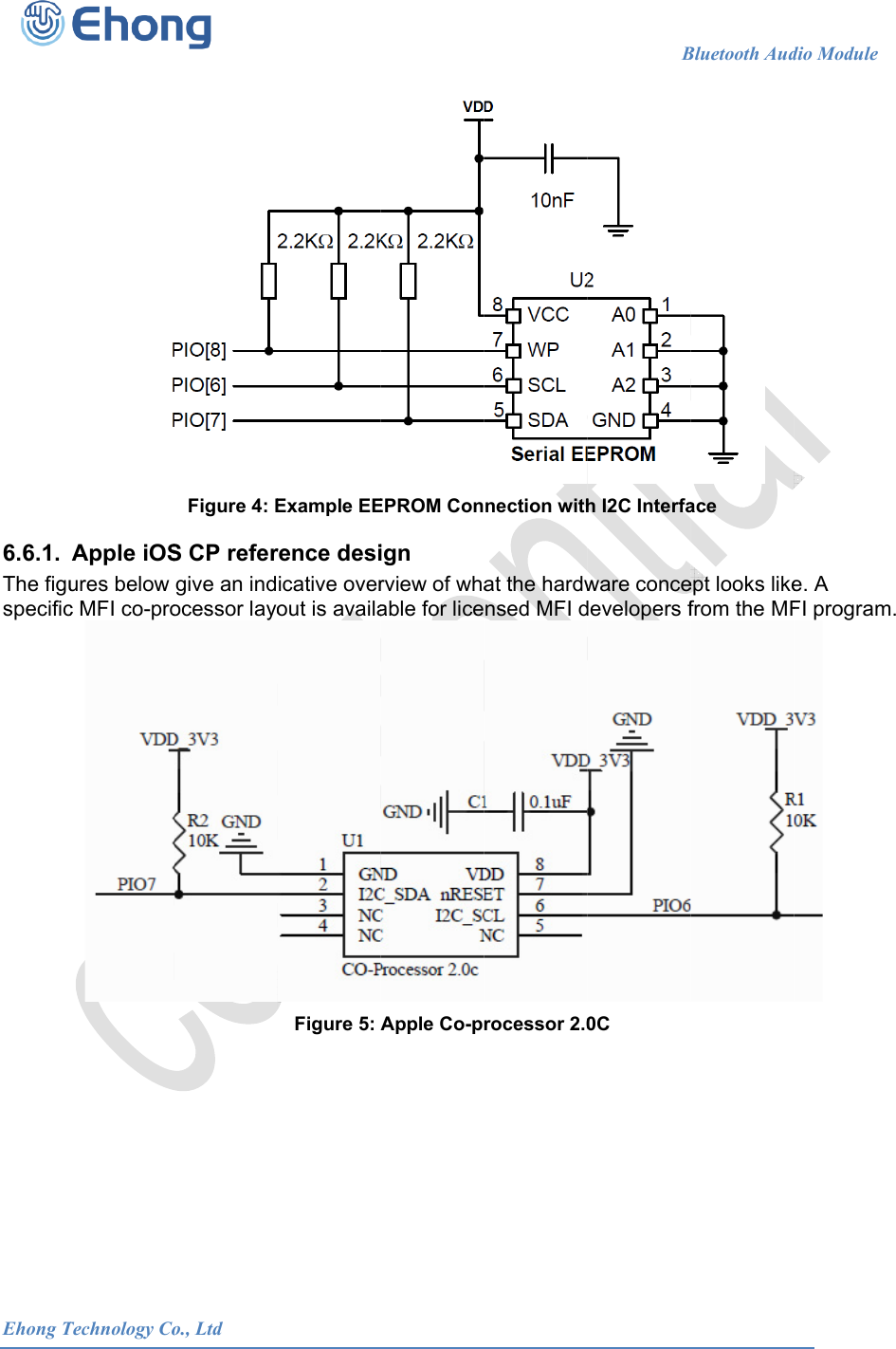  Ehong T 6.6.1. The figuspecific   Technology CoApple iOSures below c MFI co-pro            o., LtdFigure 4: ES CP refergive an indocessor layo                      Example EErence desiicative overout is availaFigure 5:                      EPROM Conign rview of whaable for liceApple Co-p                      nection withat the hardwnsed MFI drocessor 2.0                   Bh I2C Interfaware concedevelopers f0C Bluetooth Aud ace ept looks likefrom the MFdio Module    e. A FI program.                            