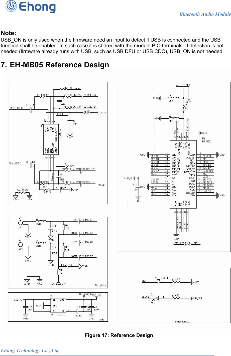  Ehong T  Note: USB_ONfunction needed 7. EHTechnology CoN is only useshall be ena(firmware alrH-MB05 R            o., Ltded when the fabled. In sucready runs wReferen                      firmware neeh case it is swith USB, succe DesiFigure                     ed an input toshared with thch as USB Dgn  17: Referen                      o detect if UShe module PDFU or USB nce Design                   BSB is connecPIO terminalsCDC), USB_Bluetooth Audcted and thes. If detection_ON is not nedio Module     USB n is not eeded.                             