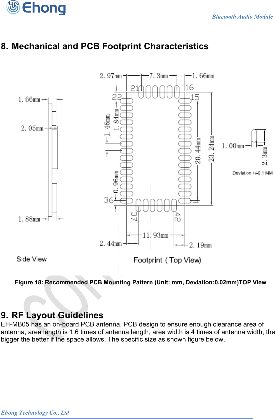  Ehong T  8. MeFig  9. RFEH-MBantennabigger tTechnology Coechanicagure 18: RecF Layout05 has an oa, area lengthe better if             o., Ltdal and Pcommendedt Guidelon-board PCgth is 1.6 timthe space a                      PCB Food PCB Mounines CB antennames of anteallows. The                     tprint C nting Patterna. PCB desinna length,e specific siz                      haracten (Unit: mmign to ensur area widthze as show                   Bristics , Deviation:re enough c is 4 times on figure belBluetooth Aud0.02mm)TOclearance aof antenna ow. dio Module    OP View rea of width, the                            