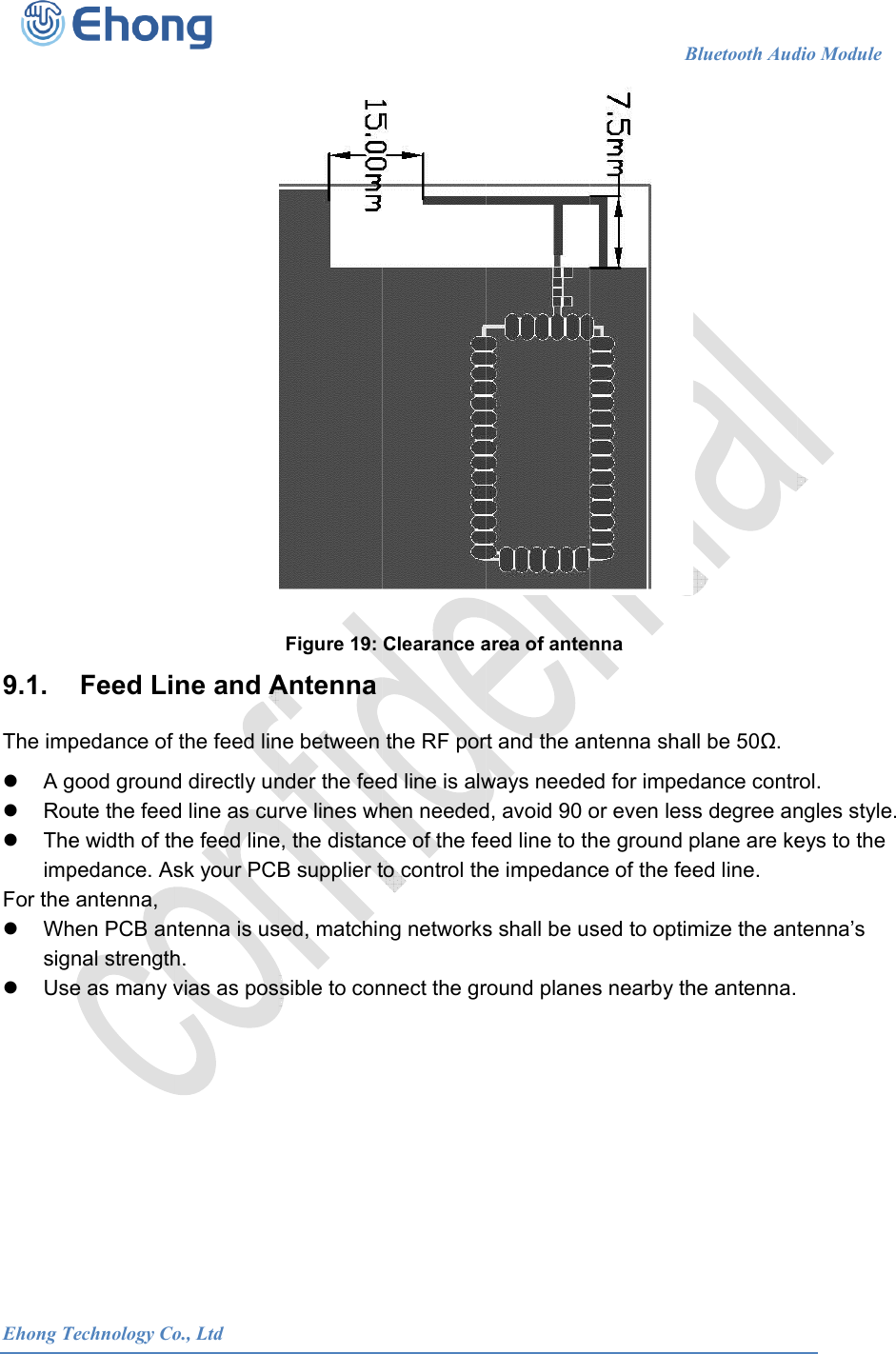  Ehong T 9.1.  The imp A g Ro TheimpFor the  Whsig UseTechnology Co Feed Lipedance of good groundute the feede width of thpedance. Asantenna, hen PCB annal strengthe as many v            o., Ltdne and Athe feed lind directly und line as cuhe feed linesk your PCBntenna is ush. vias as pos                      Figure 19: Antennane between nder the feerve lines whe, the distanB supplier tsed, matchinsible to con                      Clearance athe RF pored line is alwhen needednce of the feto control thng networksnnect the gr                      area of antert and the anways needed, avoid 90 oeed line to thhe impedancs shall be uround plane                   Bnna ntenna shaled for impedor even lesshe ground pce of the feesed to optimes nearby thBluetooth Aud ll be 50. dance contrs degree anplane are keed line. mize the anhe antenna. dio Module    rol. ngles style.eys to the tenna&rsquo;s                           