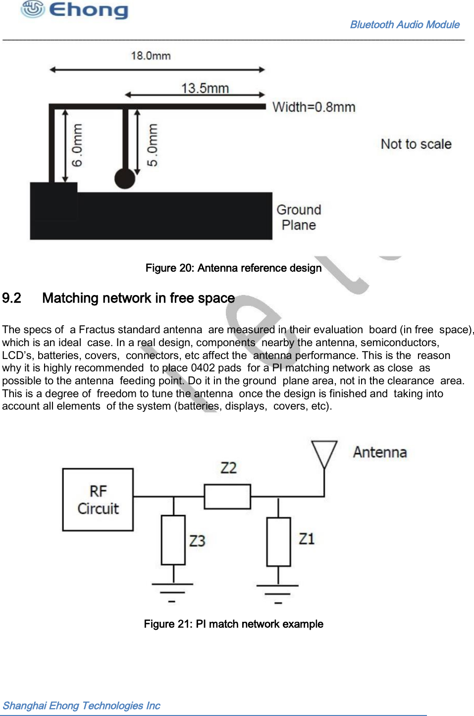                                                              Bluetooth Audio Module                                       Figure 20: Antenna reference design  9.2 Matching network in free space The specs of  a Fractus standard antenna  are measured in their evaluation  board (in free  space), which is an ideal  case. In a real design, components  nearby the antenna, semiconductors, LCD&rsquo;s, batteries, covers,  connectors, etc affect the  antenna performance. This is the  reason why it is highly recommended  to place 0402 pads  for a PI matching network as close  as possible to the antenna  feeding point. Do it in the ground  plane area, not in the clearance  area. This is a degree of  freedom to tune the antenna  once the design is finished and  taking into account all elements  of the system (batteries, displays,  covers, etc). Figure 21: PI match network example  Shanghai Ehong Technologies Inc 