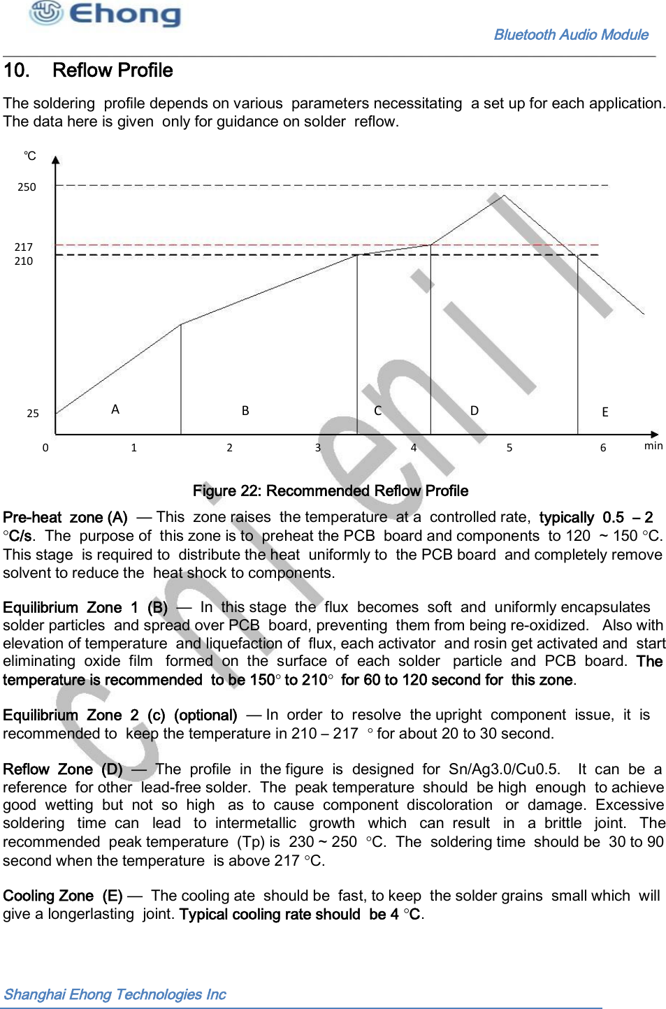                                                              Bluetooth Audio Module                                       10.    Reflow Profile The soldering  profile depends on various  parameters necessitating  a set up for each application. The data here is given  only for guidance on solder  reflow. ℃ 250 217 210 A B C D E 25 0  1  2  3  4  5  6  min                                                      Figure 22: Recommended Reflow Profile Pre-heat  zone (A)  &mdash; This  zone raises  the temperature  at a  controlled rate,  typically  0.5  &ndash; 2 C/s.  The  purpose of  this zone is to  preheat the PCB  board and components  to 120  ~ 150 C. This stage  is required to  distribute the heat  uniformly to  the PCB board  and completely remove solvent to reduce the  heat shock to components. Equilibrium  Zone  1  (B)  &mdash;  In  this stage  the  flux  becomes  soft  and  uniformly encapsulates solder particles  and spread over PCB  board, preventing  them from being re-oxidized.   Also with elevation of temperature  and liquefaction of  flux, each activator  and rosin get activated and  start eliminating  oxide  film   formed  on  the  surface  of  each  solder   particle  and  PCB  board.  The temperature is recommended  to be 150to 210for 60 to 120 second for  this zone. Equilibrium  Zone  2  (c)  (optional)  &mdash; In  order  to  resolve  the upright  component  issue,  it  is recommended to  keep the temperature in 210 &ndash; 217  for about 20 to 30 second. Reflow  Zone  (D)  &mdash;  The  profile  in  the figure  is  designed  for  Sn/Ag3.0/Cu0.5.    It  can  be  a reference  for other  lead-free solder.  The  peak temperature  should  be high  enough  to achieve good  wetting  but  not  so  high   as  to  cause  component  discoloration   or  damage.  Excessive soldering   time  can   lead   to  intermetallic   growth   which   can  result   in   a  brittle   joint.   The recommended  peak temperature  (Tp) is  230 ~ 250  C.  The  soldering time  should be  30 to 90 second when the temperature  is above 217 C. Cooling Zone  (E) &mdash;  The cooling ate  should be  fast, to keep  the solder grains  small which  will give a longerlasting  joint. Typical cooling rate should  be 4 C. Shanghai Ehong Technologies Inc 