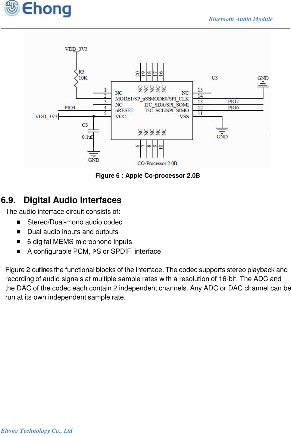                                                                             Bluetooth Audio Module                                                           Ehong Technology Co., Ltd    Figure 6 : Apple Co-processor 2.0B  6.9.  Digital Audio Interfaces The audio interface circuit consists of: ■ Stereo/Dual-mono audio codec ■ Dual audio inputs and outputs ■ 6 digital MEMS microphone inputs ■ A configurable PCM, I&sup2;S or SPDIF  interface  Figure 2 outlines the functional blocks of the interface. The codec supports stereo playback and recording of audio signals at multiple sample rates with a resolution of 16-bit. The ADC and the DAC of the codec each contain 2 independent channels. Any ADC or DAC channel can be run at its own independent sample rate.  