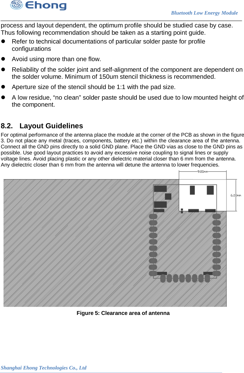                                                                        Bluetooth Low Energy Module                                                           Shanghai Ehong Technologies Co., Ltd process and layout dependent, the optimum profile should be studied case by case. Thus following recommendation should be taken as a starting point guide.   Refer to technical documentations of particular solder paste for profile configurations  Avoid using more than one flow.  Reliability of the solder joint and self-alignment of the component are dependent on the solder volume. Minimum of 150um stencil thickness is recommended.  Aperture size of the stencil should be 1:1 with the pad size.  A low residue, &ldquo;no clean&rdquo; solder paste should be used due to low mounted height of the component.  8.2. Layout Guidelines For optimal performance of the antenna place the module at the corner of the PCB as shown in the figure 3. Do not place any metal (traces, components, battery etc.) within the clearance area of the antenna. Connect all the GND pins directly to a solid GND plane. Place the GND vias as close to the GND pins as possible. Use good layout practices to avoid any excessive noise coupling to signal lines or supply voltage lines. Avoid placing plastic or any other dielectric material closer than 6 mm from the antenna. Any dielectric closer than 6 mm from the antenna will detune the antenna to lower frequencies.  Figure 5: Clearance area of antenna 
