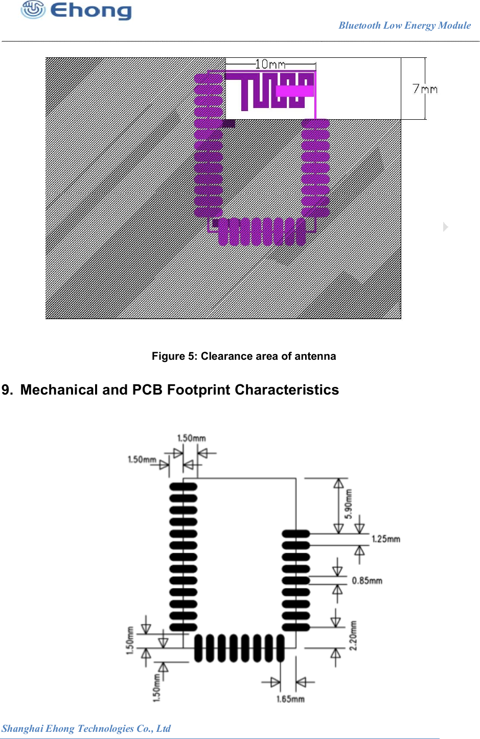                                                                        Bluetooth Low Energy Module                                                          Shanghai Ehong Technologies Co., Ltd  Figure 5: Clearance area of antenna 9.  Mechanical and PCB Footprint Characteristics   