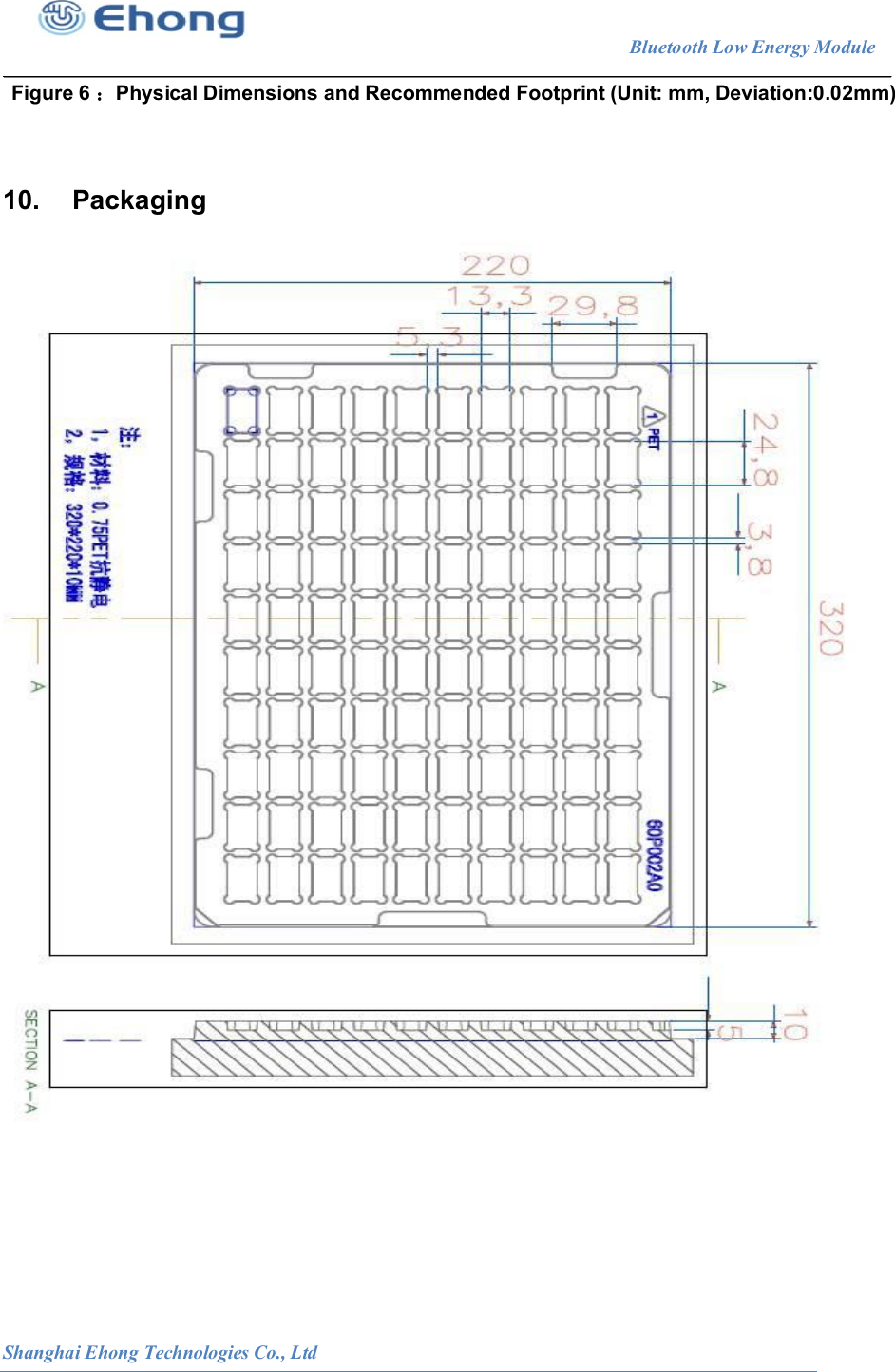                                                                        Bluetooth Low Energy Module                                                          Shanghai Ehong Technologies Co., Ltd Figure 6 ：Physical Dimensions and Recommended Footprint (Unit: mm, Deviation:0.02mm)   10.  Packaging  