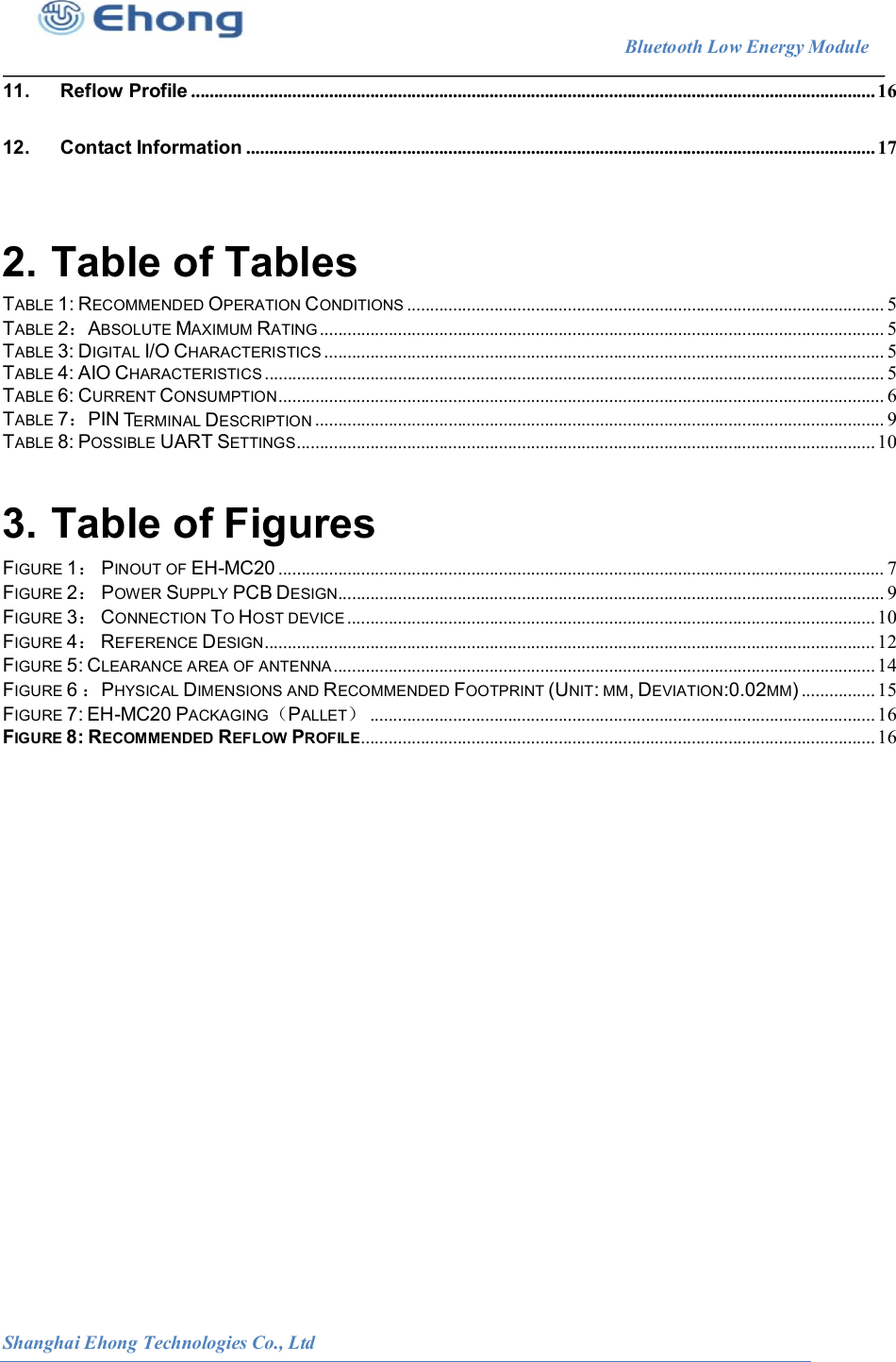                                                                       Bluetooth Low Energy Module                                                          Shanghai Ehong Technologies Co., Ltd 11. Reflow Profile ..................................................................................................................................................... 16 12. Contact Information ......................................................................................................................................... 17  2. Table of Tables TABLE 1: RECOMMENDED OPERATION CONDITIONS ........................................................................................................ 5 TABLE 2：ABSOLUTE MAXIMUM RATING ........................................................................................................................... 5 TABLE 3: DIGITAL I/O CHARACTERISTICS .......................................................................................................................... 5 TABLE 4: AIO CHARACTERISTICS ....................................................................................................................................... 5 TABLE 6: CURRENT CONSUMPTION .................................................................................................................................... 6 TABLE 7：PIN TERMINAL DESCRIPTION ............................................................................................................................ 9 TABLE 8: POSSIBLE UART SETTINGS .............................................................................................................................. 10 3. Table of Figures FIGURE 1： PINOUT OF EH-MC20 .................................................................................................................................... 7 FIGURE 2： POWER SUPPLY PCB DESIGN....................................................................................................................... 9 FIGURE 3： CONNECTION TO HOST DEVICE ................................................................................................................... 10 FIGURE 4： REFERENCE DESIGN ..................................................................................................................................... 12 FIGURE 5: CLEARANCE AREA OF ANTENNA ...................................................................................................................... 14 FIGURE 6 ：PHYSICAL DIMENSIONS AND RECOMMENDED FOOTPRINT (UNIT: MM, DEVIATION:0.02MM) ................ 15 FIGURE 7: EH-MC20 PACKAGING（PALLET） .............................................................................................................. 16 FIGURE 8: RECOMMENDED REFLOW PROFILE................................................................................................................ 16                        