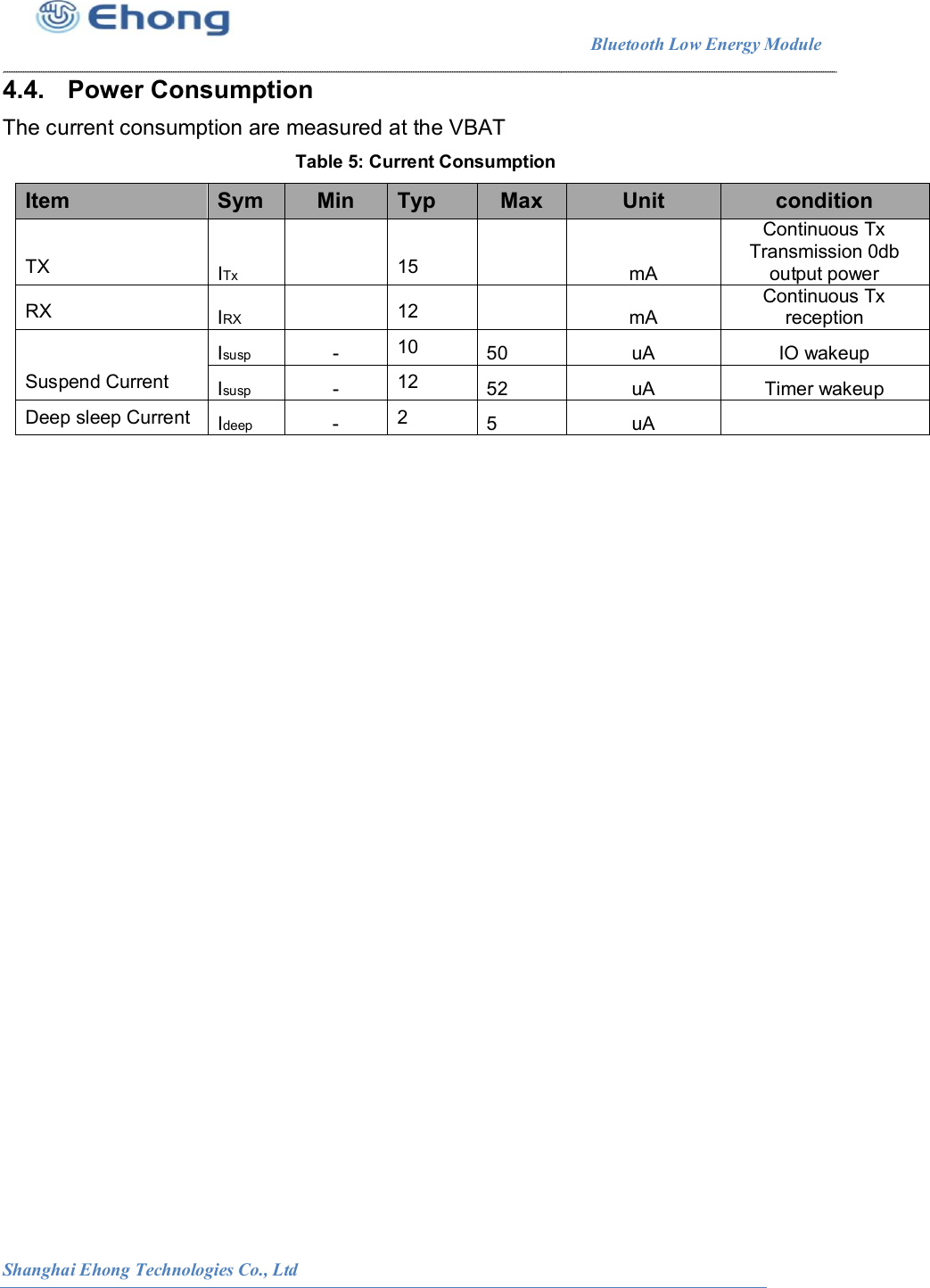                                                                        Bluetooth Low Energy Module                                                          Shanghai Ehong Technologies Co., Ltd 4.4.  Power Consumption The current consumption are measured at the VBAT Table 5: Current Consumption Item  Sym  Min  Typ  Max  Unit  condition TX  ITx    15    mA Continuous Tx Transmission 0db output power RX  IRX    12    mA Continuous Tx reception Suspend Current Isusp  -  10  50  uA  IO wakeup Isusp  -  12  52  uA  Timer wakeup Deep sleep Current  Ideep  -  2  5  uA   