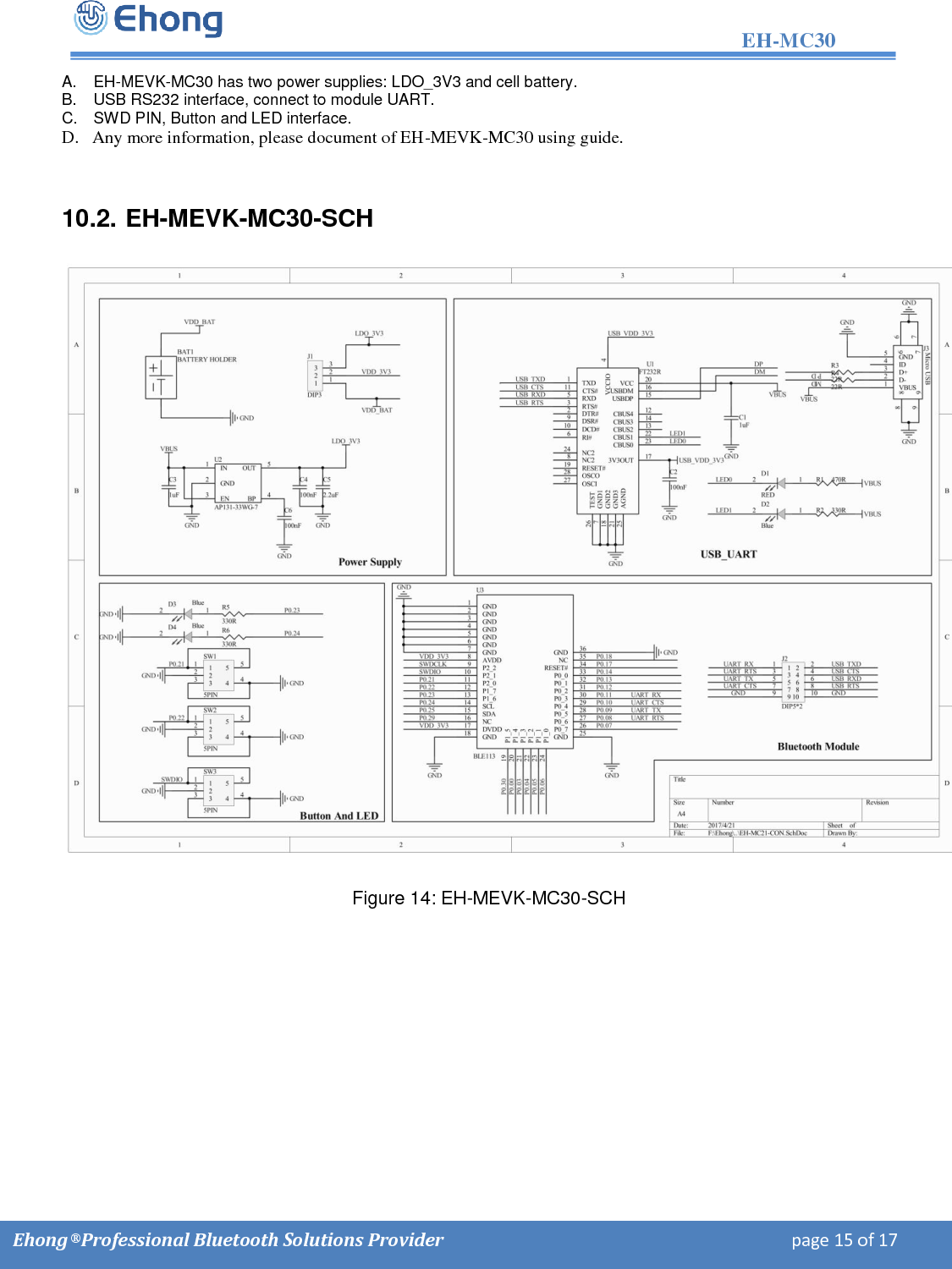                                                                                                                   EH-MC30         Ehong &reg; Professional Bluetooth Solutions Provider                                                                             page 15 of 17 A. EH-MEVK-MC30 has two power supplies: LDO_3V3 and cell battery. B.  USB RS232 interface, connect to module UART. C.  SWD PIN, Button and LED interface. D.   Any more information, please document of EH-MEVK-MC30 using guide.   10.2. EH-MEVK-MC30-SCH        Figure 14: EH-MEVK-MC30-SCH  