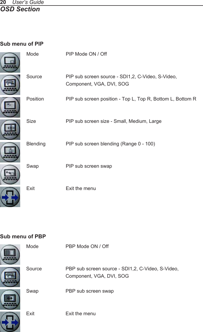 20    User&rsquo;s GuideOSD SectionMode    PIP Mode ON / OffSource    PIP sub screen source - SDI1,2, C-Video, S-Video,     Component, VGA, DVI, SOGPosition    PIP sub screen position - Top L, Top R, Bottom L, Bottom RSize    PIP sub screen size - Small, Medium, LargeBlending   PIP sub screen blending (Range 0 - 100)Swap    PIP sub screen swapExit    Exit the menuMode    PBP Mode ON / OffSource    PBP sub screen source - SDI1,2, C-Video, S-Video,     Component, VGA, DVI, SOGSwap    PBP sub screen swapExit    Exit the menuSub menu of PBPSub menu of PIP