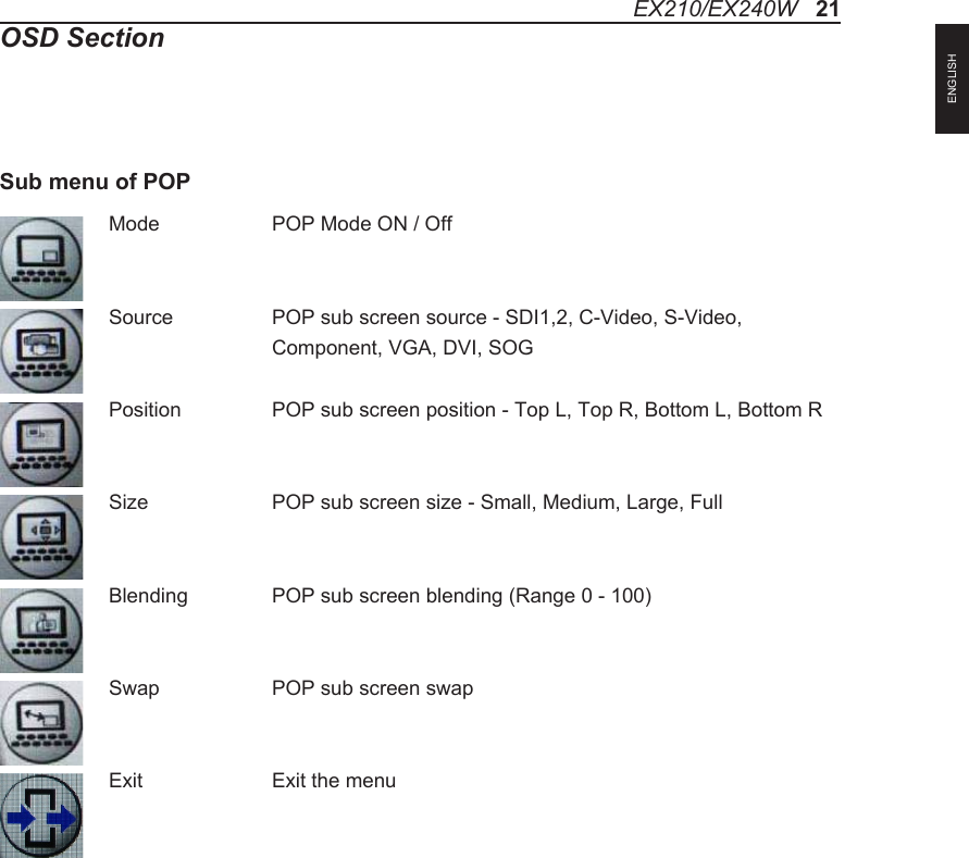 Mode    POP Mode ON / OffSource    POP sub screen source - SDI1,2, C-Video, S-Video,     Component, VGA, DVI, SOGPosition    POP sub screen position - Top L, Top R, Bottom L, Bottom RSize    POP sub screen size - Small, Medium, Large, FullBlending   POP sub screen blending (Range 0 - 100)Swap    POP sub screen swapExit    Exit the menuSub menu of POPEX210/EX240W   21OSD SectionENGLISH