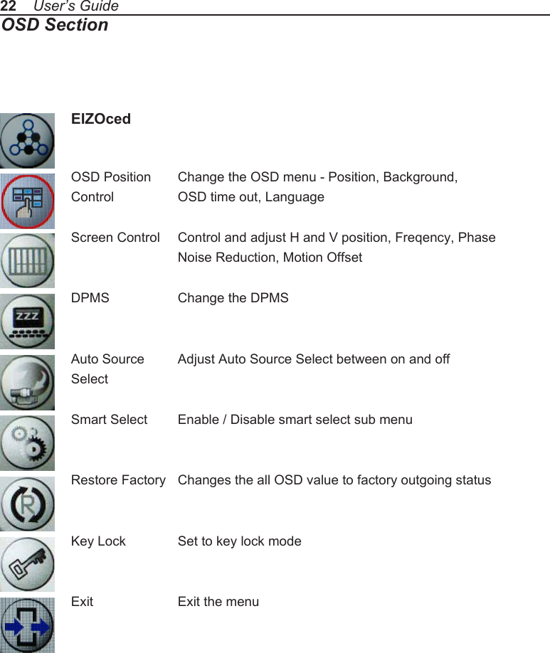 22    User&rsquo;s GuideOSD Section EIZOcedOSD Position  Change the OSD menu - Position, Background, Control    OSD time out, LanguageScreen Control  Control and adjust H and V position, Freqency, Phase    Noise Reduction, Motion Offset   DPMS    Change the DPMSAuto Source  Adjust Auto Source Select between on and offSelectSmart Select  Enable / Disable smart select sub menuRestore Factory  Changes the all OSD value to factory outgoing statusKey Lock  Set to key lock modeExit    Exit the menu