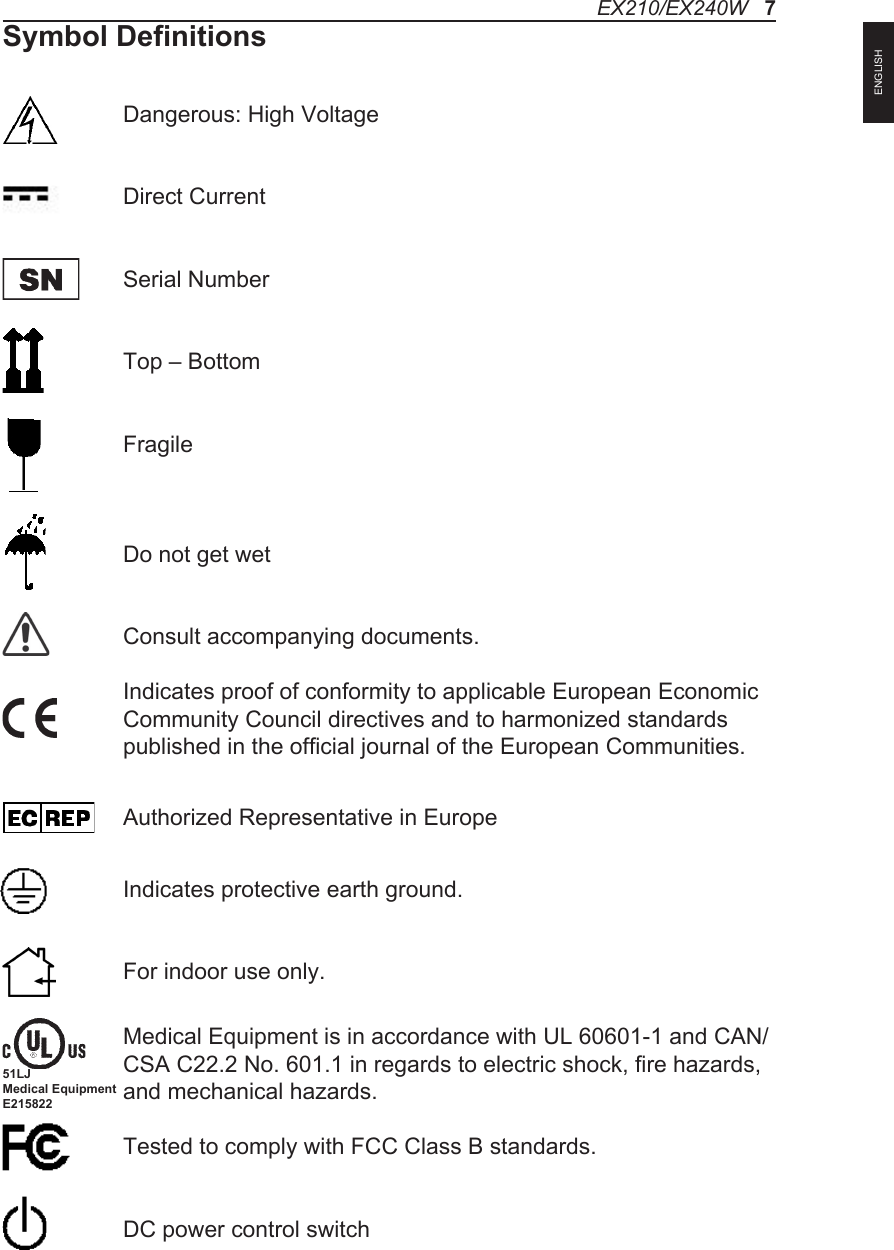 Symbol DefinitionsEX210/EX240W   7Dangerous: High VoltageDirect CurrentSerial NumberTop &ndash; BottomFragileDo not get wetConsult accompanying documents.Indicates proof of conformity to applicable European EconomicCommunity Council directives and to harmonized standards published in the official journal of the European Communities.Authorized Representative in EuropeIndicates protective earth ground.For indoor use only.Medical Equipment is in accordance with UL 60601-1 and CAN/CSA C22.2 No. 601.1 in regards to electric shock, fire hazards, and mechanical hazards.Tested to comply with FCC Class B standards.DC power control switch51LJMedical EquipmentE215822ENGLISH