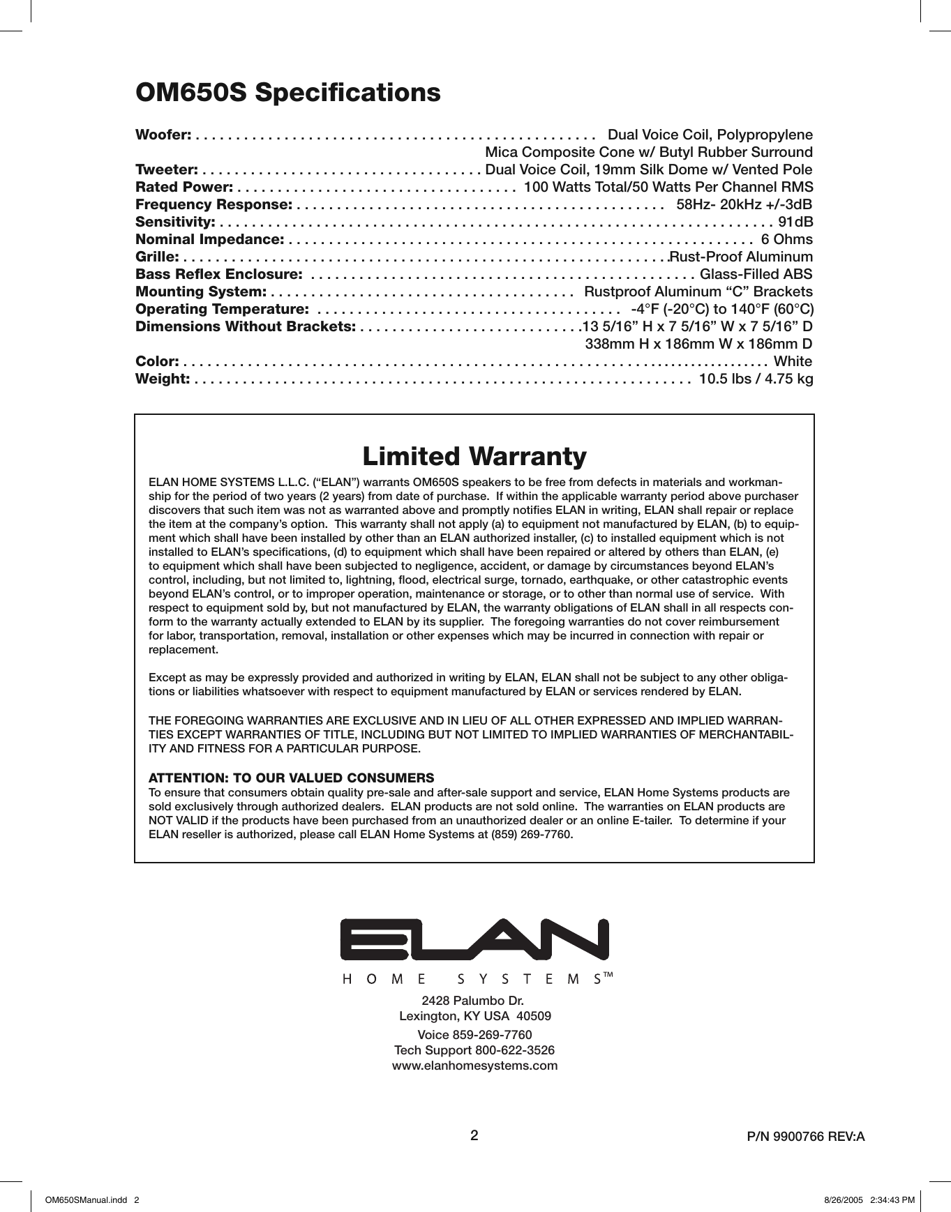 Elan Home Systems Amplifier Om650S Users Manual OM650SManual