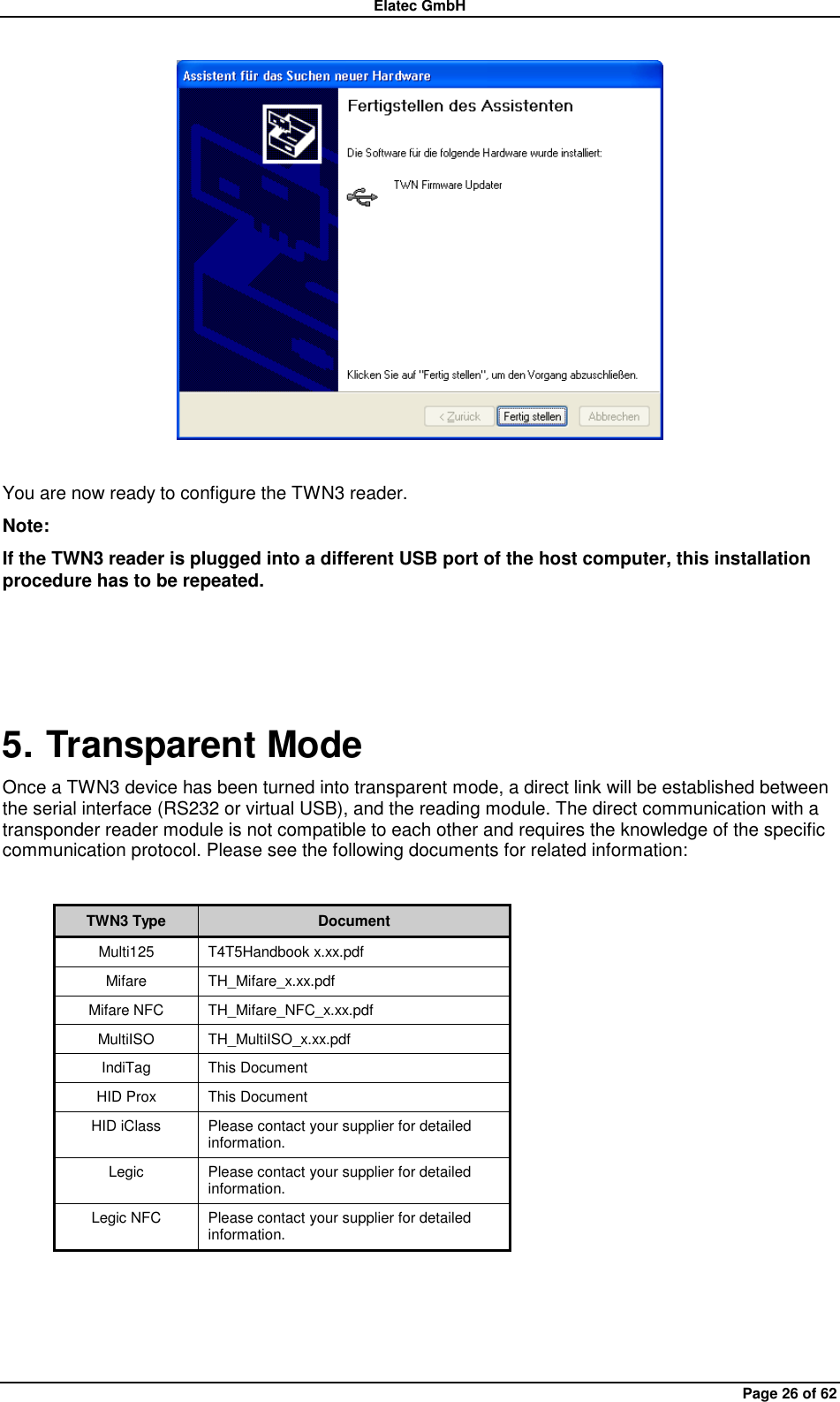 Elatec GmbH Page 26 of 62   You are now ready to configure the TWN3 reader. Note: If the TWN3 reader is plugged into a different USB port of the host computer, this installation procedure has to be repeated.  5. Transparent Mode Once a TWN3 device has been turned into transparent mode, a direct link will be established between the serial interface (RS232 or virtual USB), and the reading module. The direct communication with a transponder reader module is not compatible to each other and requires the knowledge of the specific communication protocol. Please see the following documents for related information:  TWN3 Type Document Multi125 T4T5Handbook x.xx.pdf Mifare TH_Mifare_x.xx.pdf Mifare NFC TH_Mifare_NFC_x.xx.pdf MultiISO TH_MultiISO_x.xx.pdf IndiTag This Document HID Prox This Document HID iClass Please contact your supplier for detailed information. Legic Please contact your supplier for detailed information. Legic NFC Please contact your supplier for detailed information.  