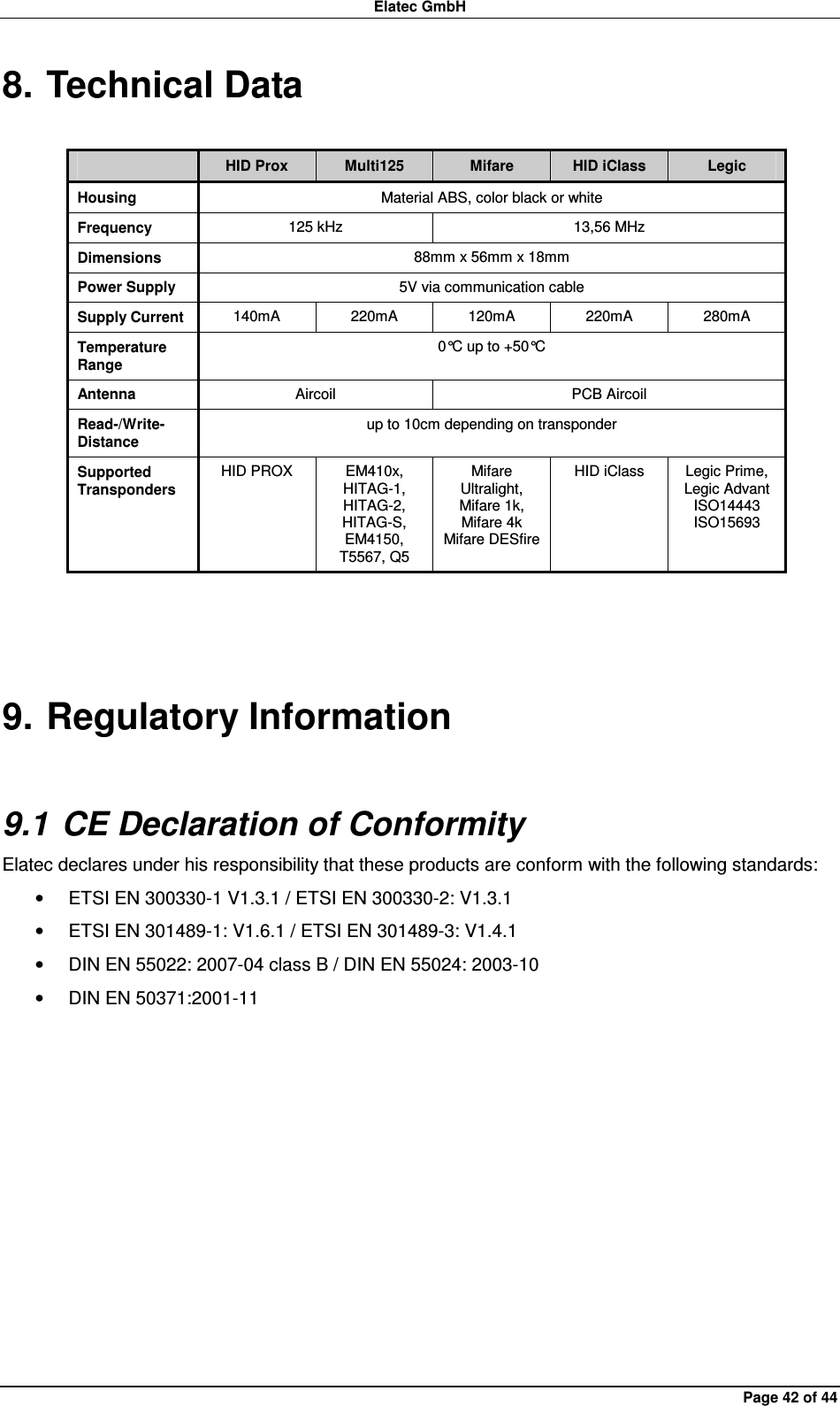 Elatec GmbH Page 42 of 44 8. Technical Data    HID Prox  Multi125  Mifare  HID iClass  Legic Housing  Material ABS, color black or white Frequency  125 kHz  13,56 MHz Dimensions  88mm x 56mm x 18mm Power Supply  5V via communication cable Supply Current  140mA  220mA  120mA  220mA  280mA Temperature Range 0°C up to +50°C Antenna  Aircoil  PCB Aircoil Read-/Write-Distance up to 10cm depending on transponder Supported Transponders HID PROX  EM410x, HITAG-1, HITAG-2, HITAG-S, EM4150, T5567, Q5 Mifare Ultralight, Mifare 1k,   Mifare 4k Mifare DESfire HID iClass  Legic Prime, Legic Advant ISO14443 ISO15693  9. Regulatory Information 9.1 CE Declaration of Conformity Elatec declares under his responsibility that these products are conform with the following standards: •  ETSI EN 300330-1 V1.3.1 / ETSI EN 300330-2: V1.3.1 •  ETSI EN 301489-1: V1.6.1 / ETSI EN 301489-3: V1.4.1 •  DIN EN 55022: 2007-04 class B / DIN EN 55024: 2003-10 •  DIN EN 50371:2001-11  